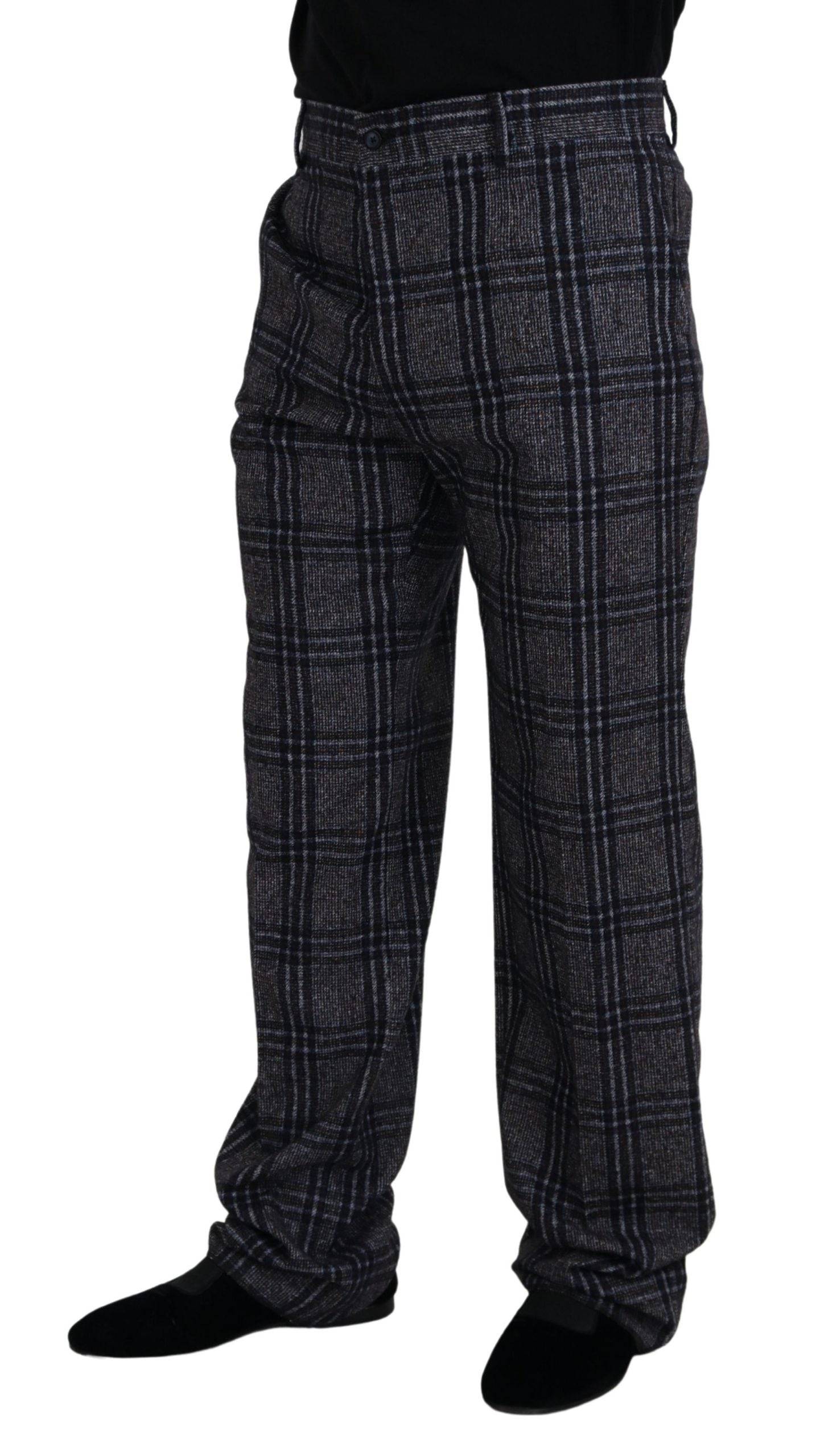 Pantalon homme Dolce & Gabbana à carreaux gris, taille moyenne, style élégant et moderne, vue frontale.