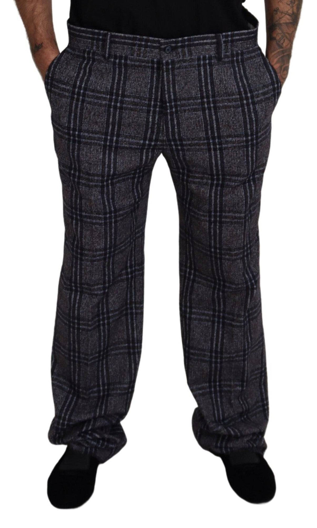 Pantalon homme Dolce & Gabbana à carreaux gris, taille mi-haute, style élégant et moderne.