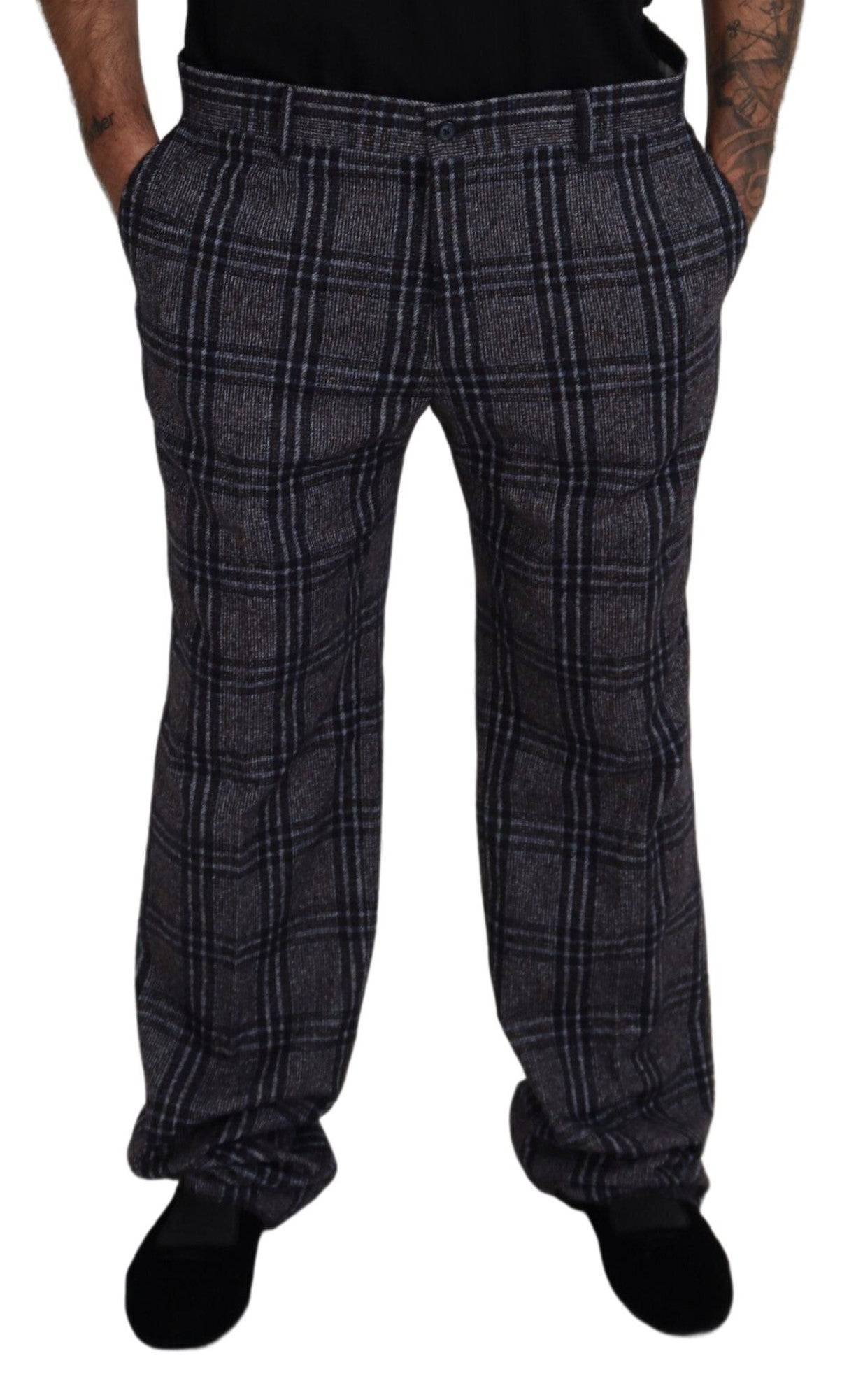 Pantalon homme Dolce & Gabbana à carreaux gris, taille mi-haute, style élégant et moderne.