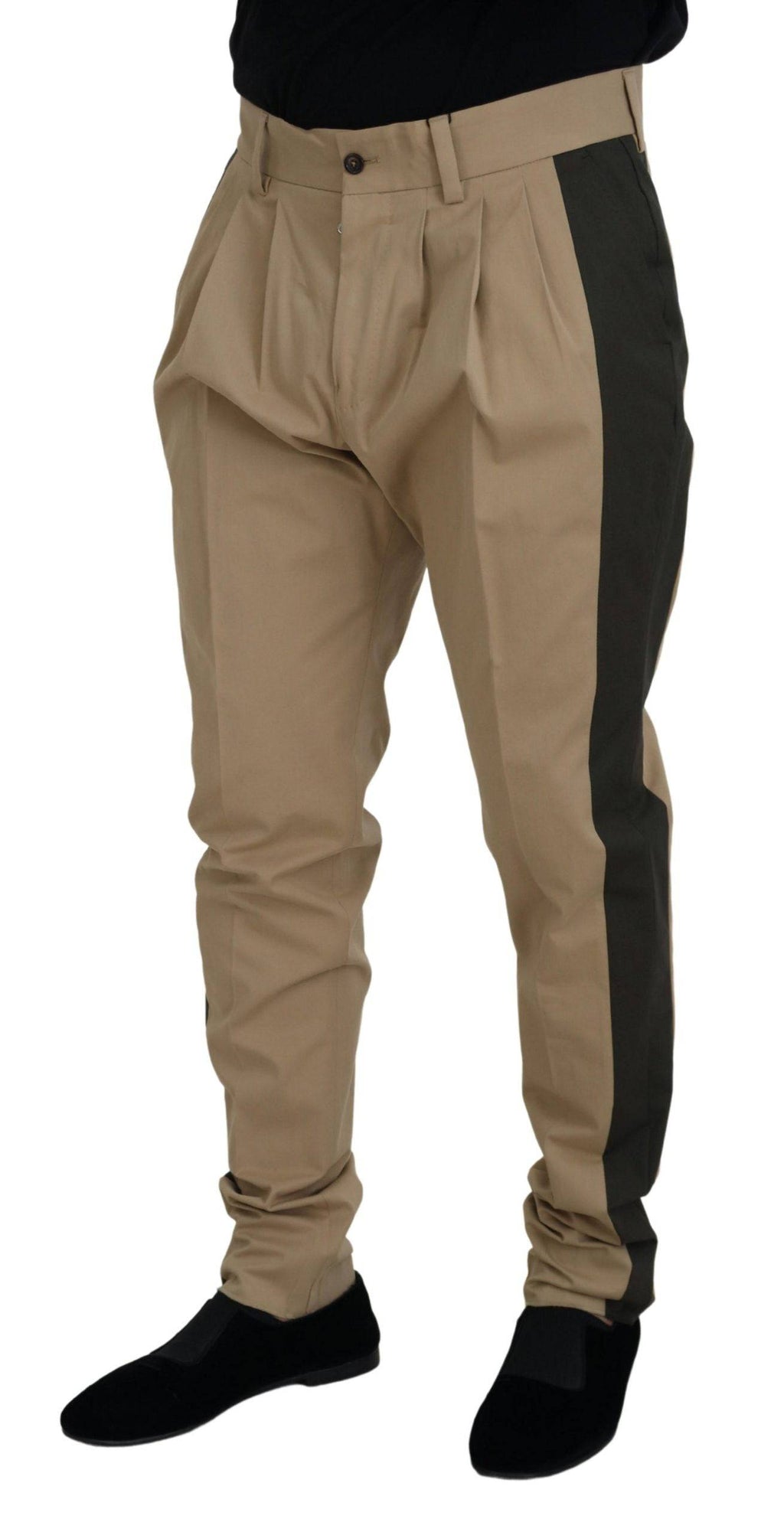 Pantalon chino homme Dolce & Gabbana en coton marron et noir, coupe classique, détail de la ceinture et poches visibles.