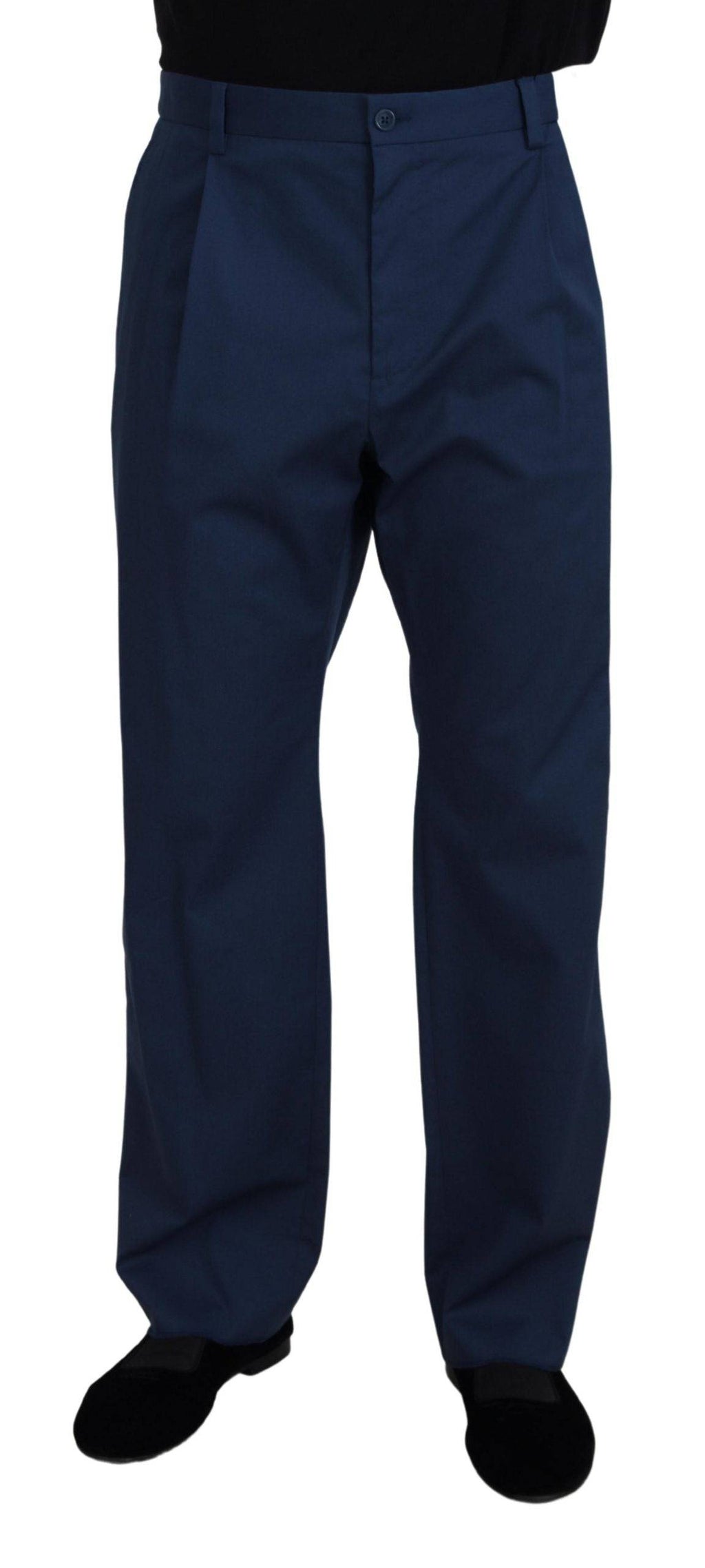 Pantalon coton bleu droit Dolce & Gabbana, style élégant, visible sur un mannequin dans une image claire et nette.