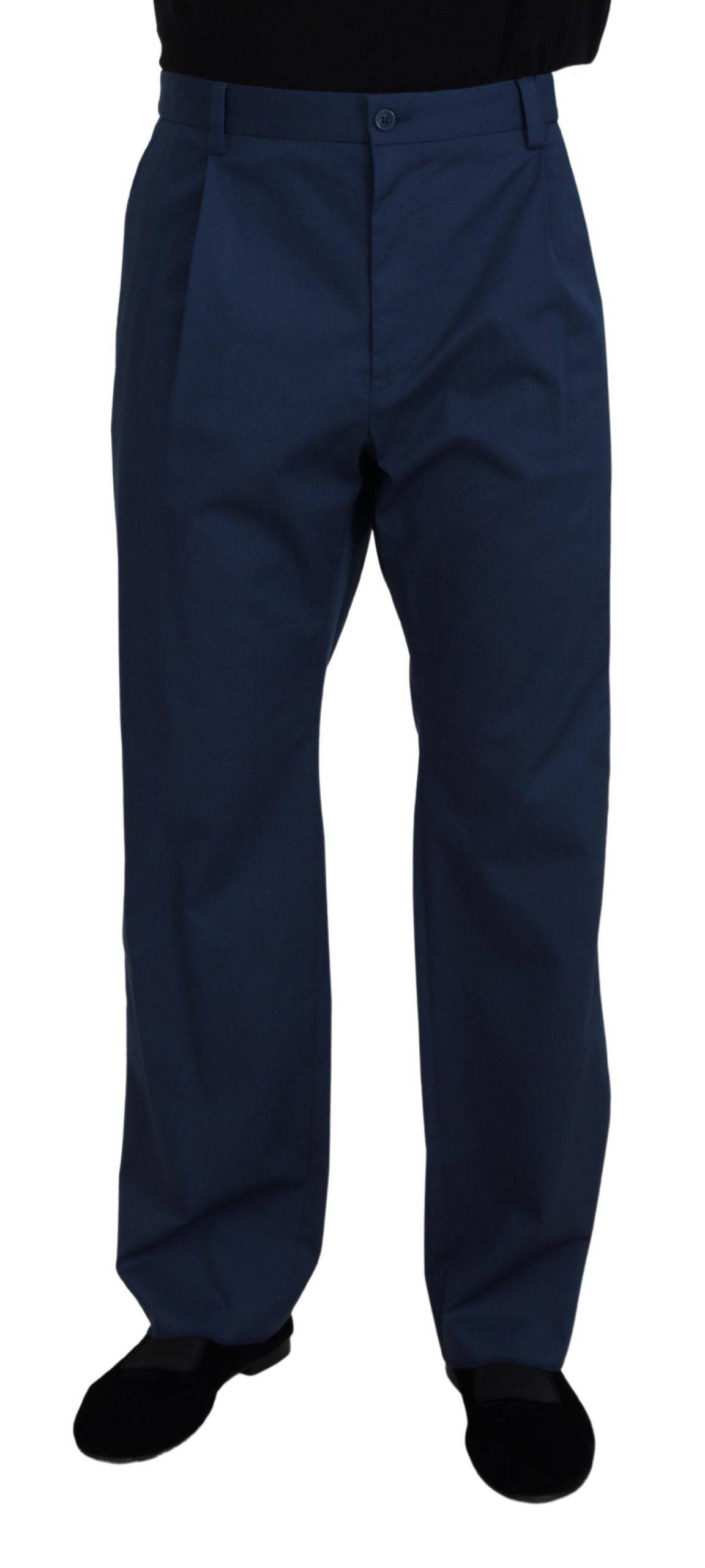 Pantalon coton bleu droit Dolce & Gabbana, style élégant, visible sur un mannequin dans une image claire et nette.