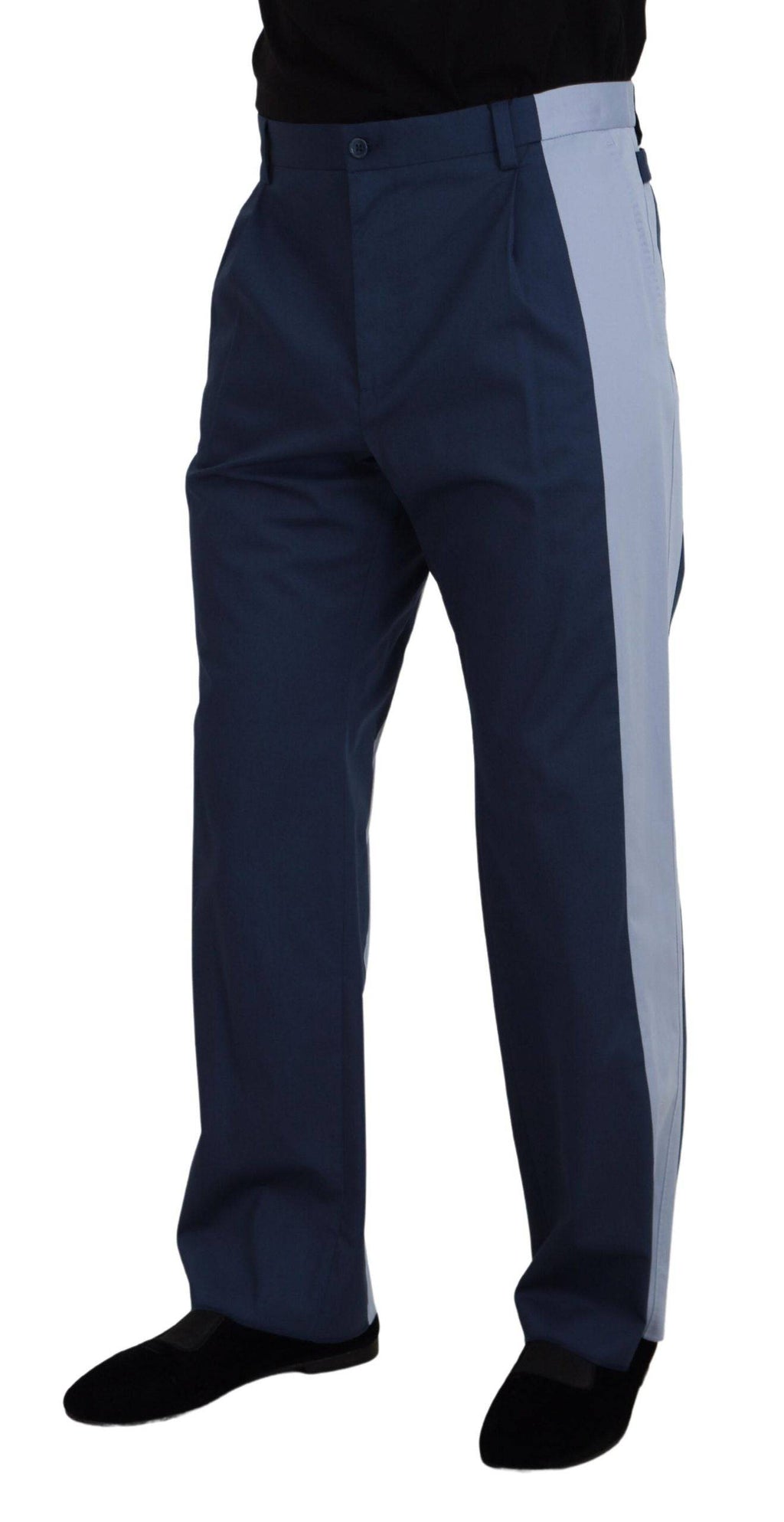 Pantalon droit en coton bleu Dolce & Gabbana, vue de face, détails de la coupe et de la texture du tissu.
