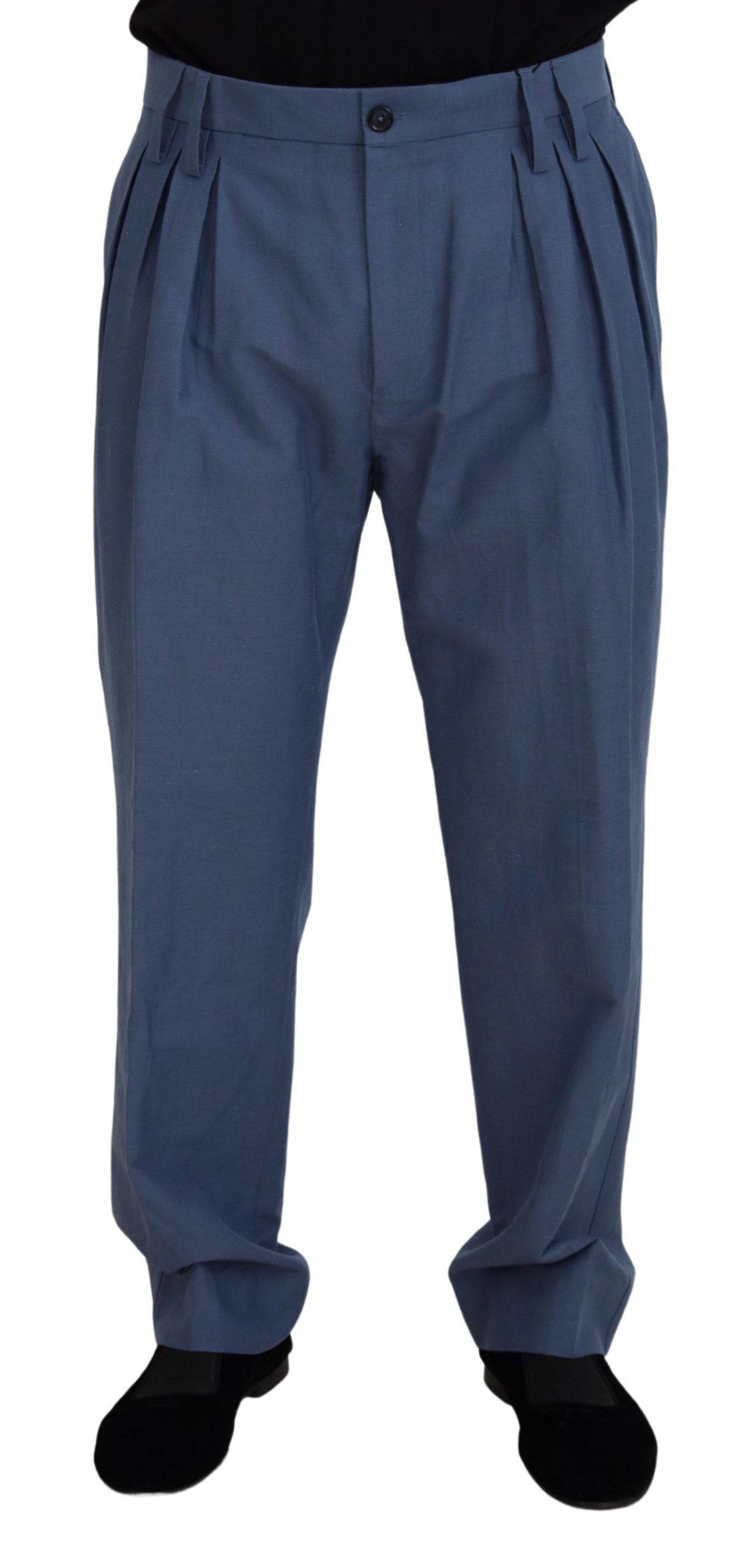 Pantalon homme Dolce & Gabbana en lin bleu, style chino formel, vue frontale avec ceinture et poches visibles.