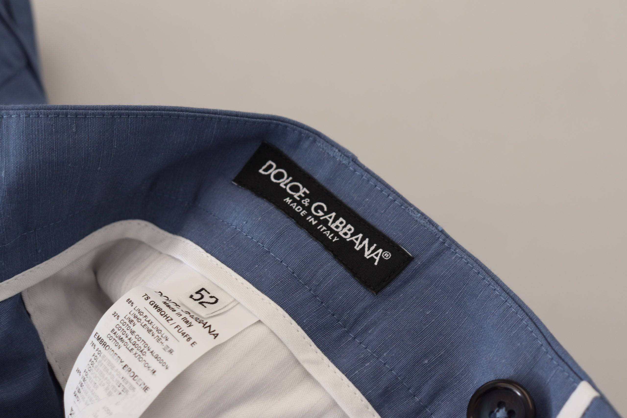 Pantalon chino en lin bleu pour homme de Dolce & Gabbana, style formel, vue de face avec détails de couture.