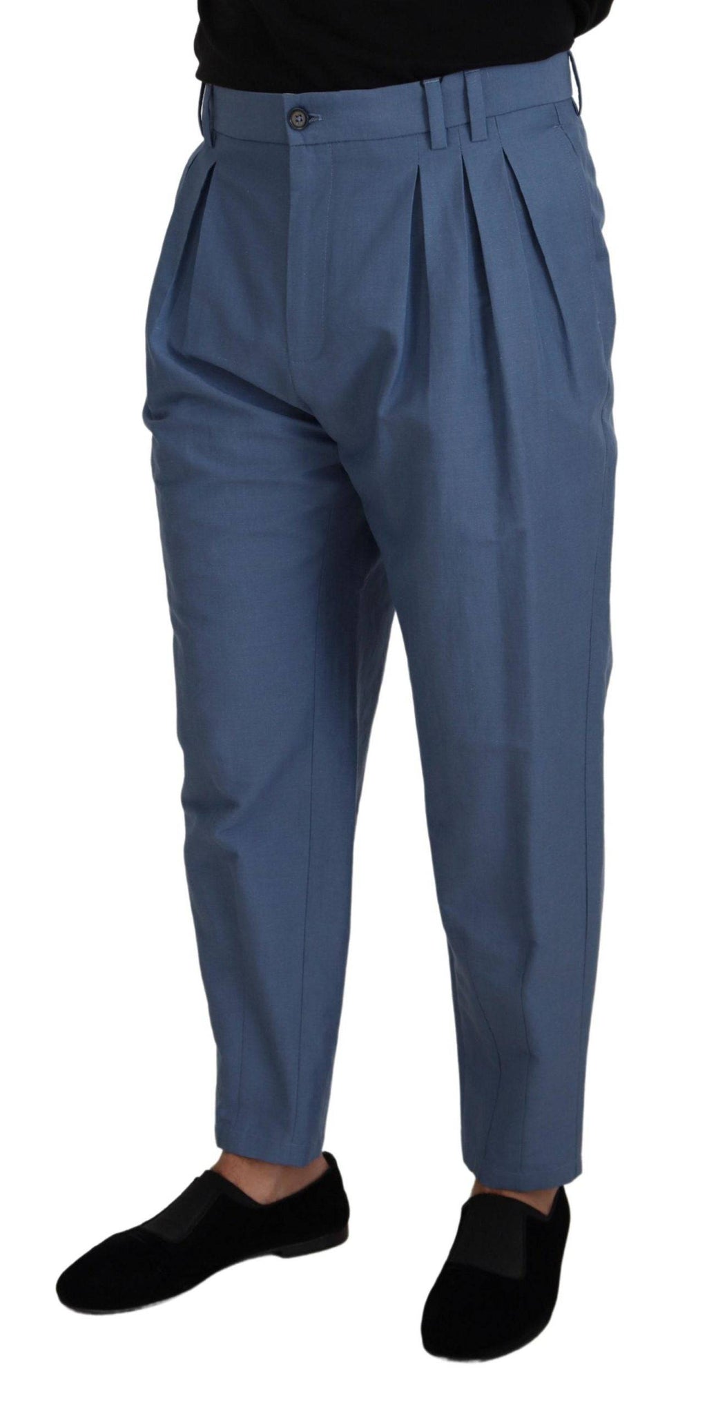 Pantalon chino formel en lin bleu Dolce & Gabbana, design élégant, vue de face avec poche et couture visible.