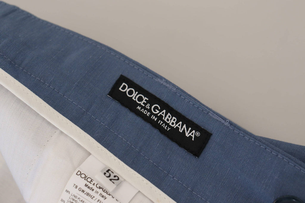 Pantalon chino formel en lin bleu de Dolce & Gabbana, style élégant et léger, visible en gros plan.