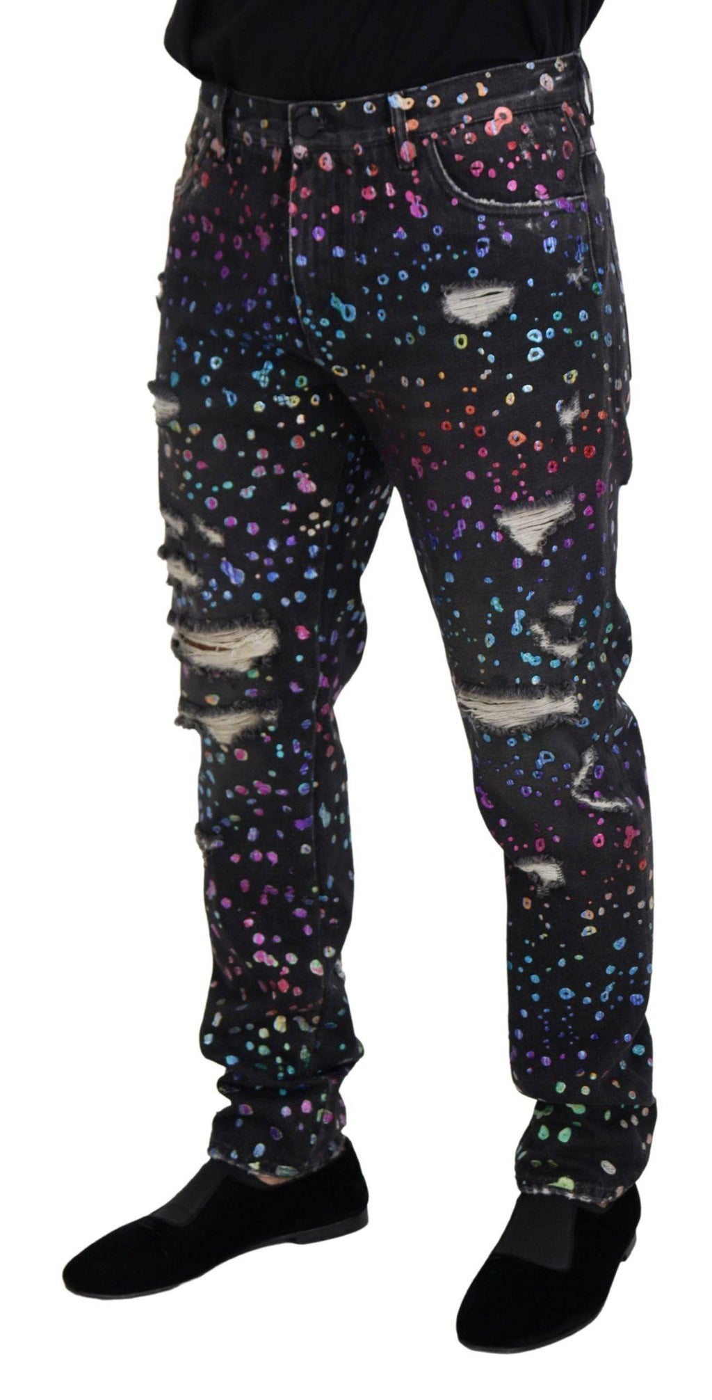 Jeans en denim déchiré Dolce & Gabbana à motif multicolore noir, style tattered, vue de face.