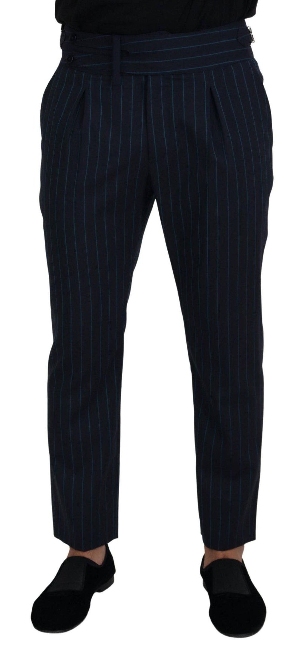 Pantalon formel homme Dolce & Gabbana à rayures bleues, coupe élégante et tissu de qualité visible sur l'image.