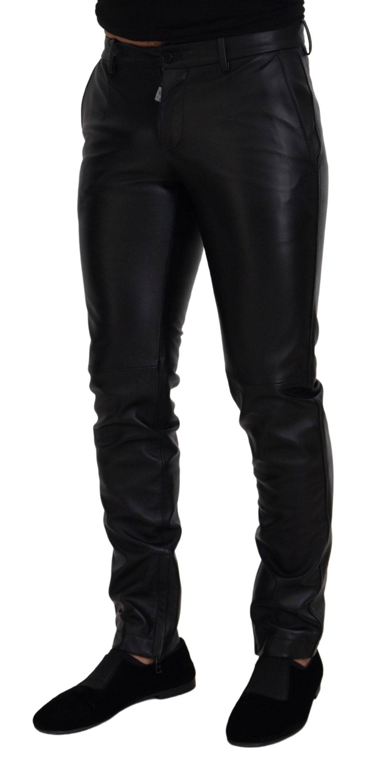 Pantalon skinny noir brillant en stretch de Dolce & Gabbana, coupe ajustée et élégante, en tissu extensible.