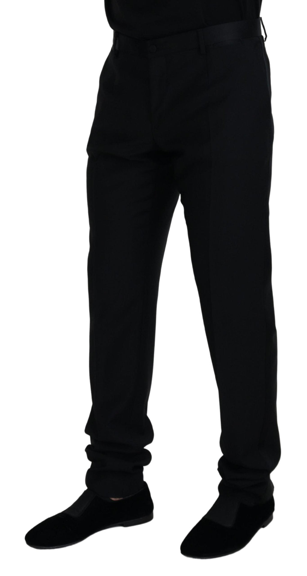 Pantalon formel en laine noire Dolce & Gabbana, chino élégant pour homme, visible avec coupe classique et finition soignée.