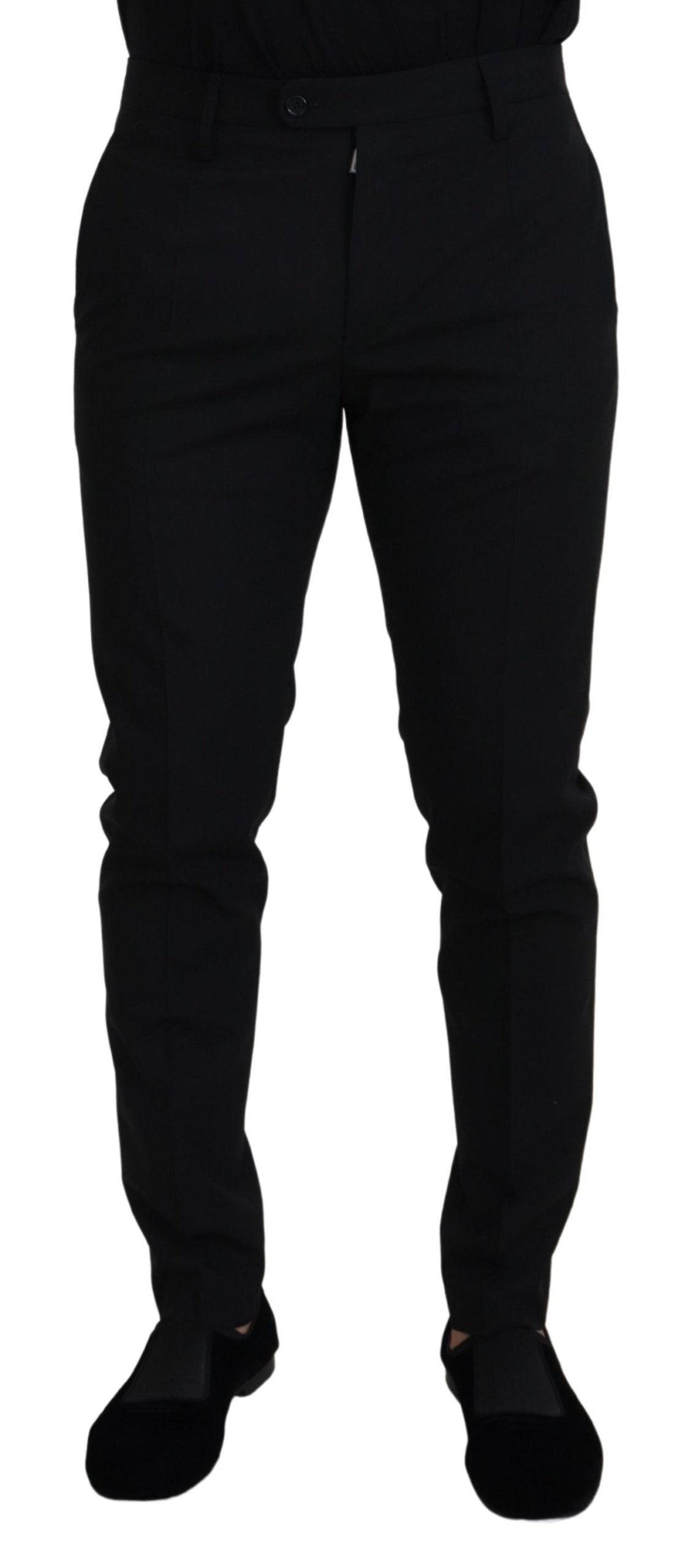 Pantalons formels en polyester noir Dolce & Gabbana, style chino, vue de face avec détails élégants.