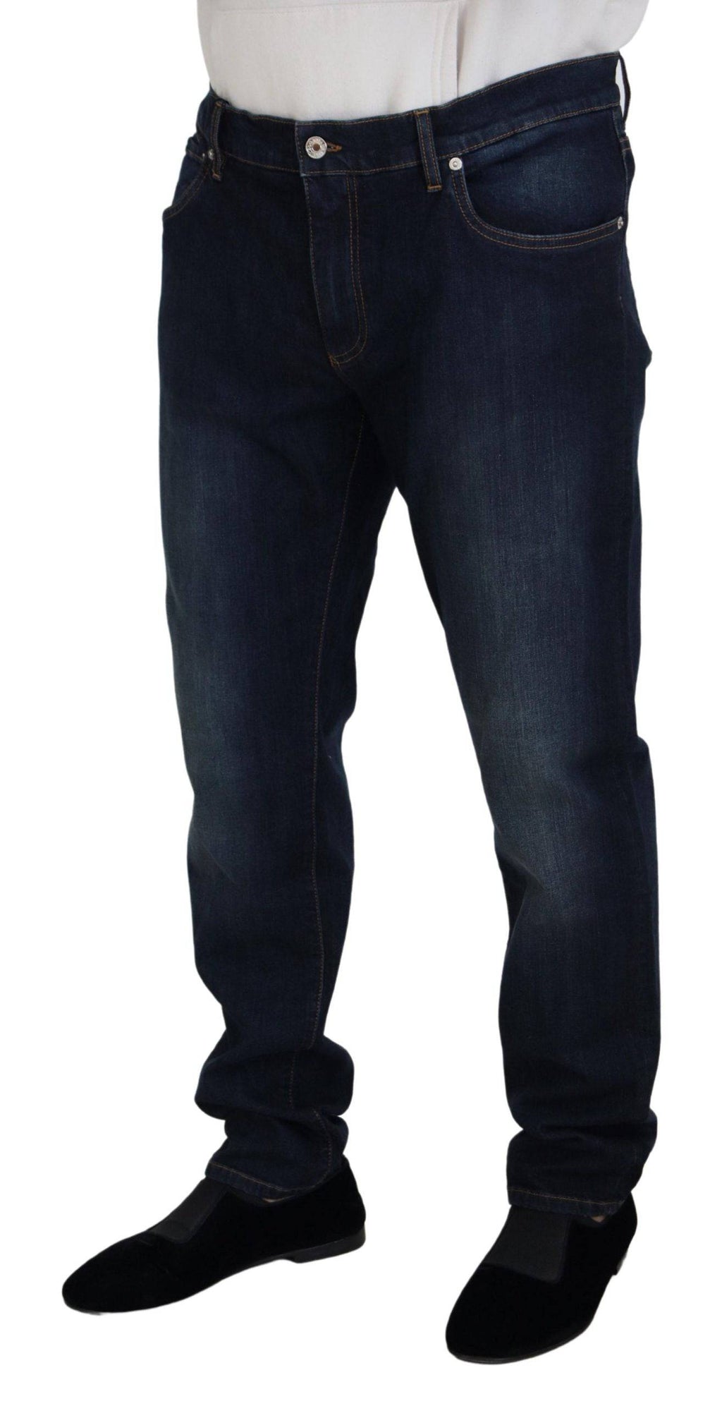 Jean droit en coton bleu de Dolce & Gabbana, style décontracté et ajusté, visible en détail dans l’image.