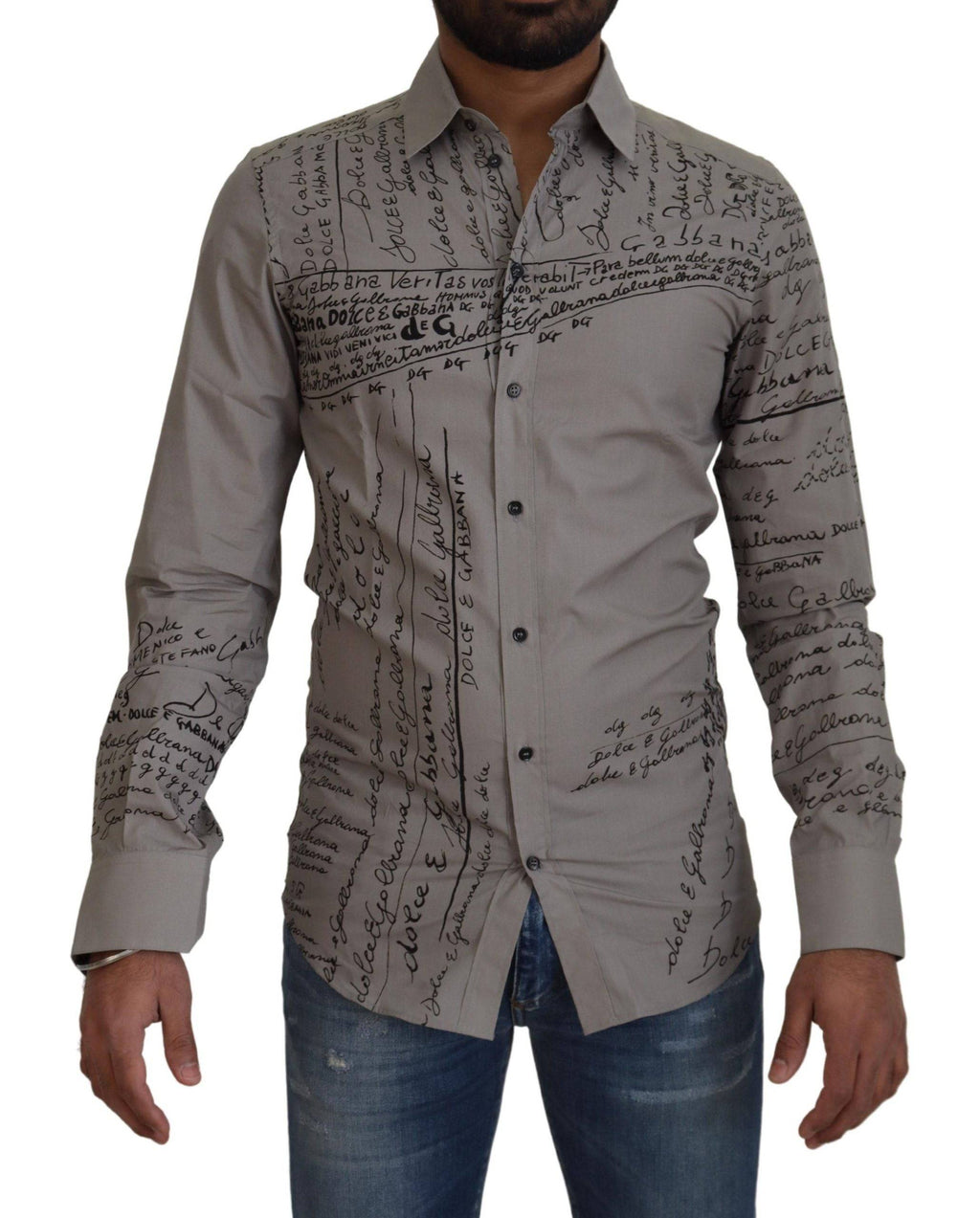 Robe slim en coton gris imprimé de Dolce & Gabbana avec détails dorés, style élégant et moderne.