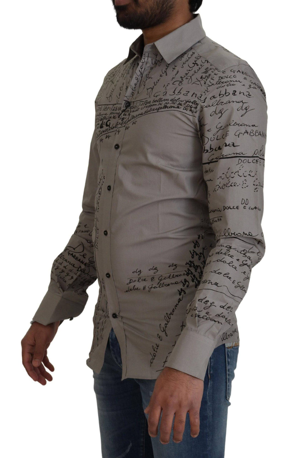 Robe slim en coton imprimé gris de Dolce & Gabbana avec détails dorés et design élégant visible sur l'image.