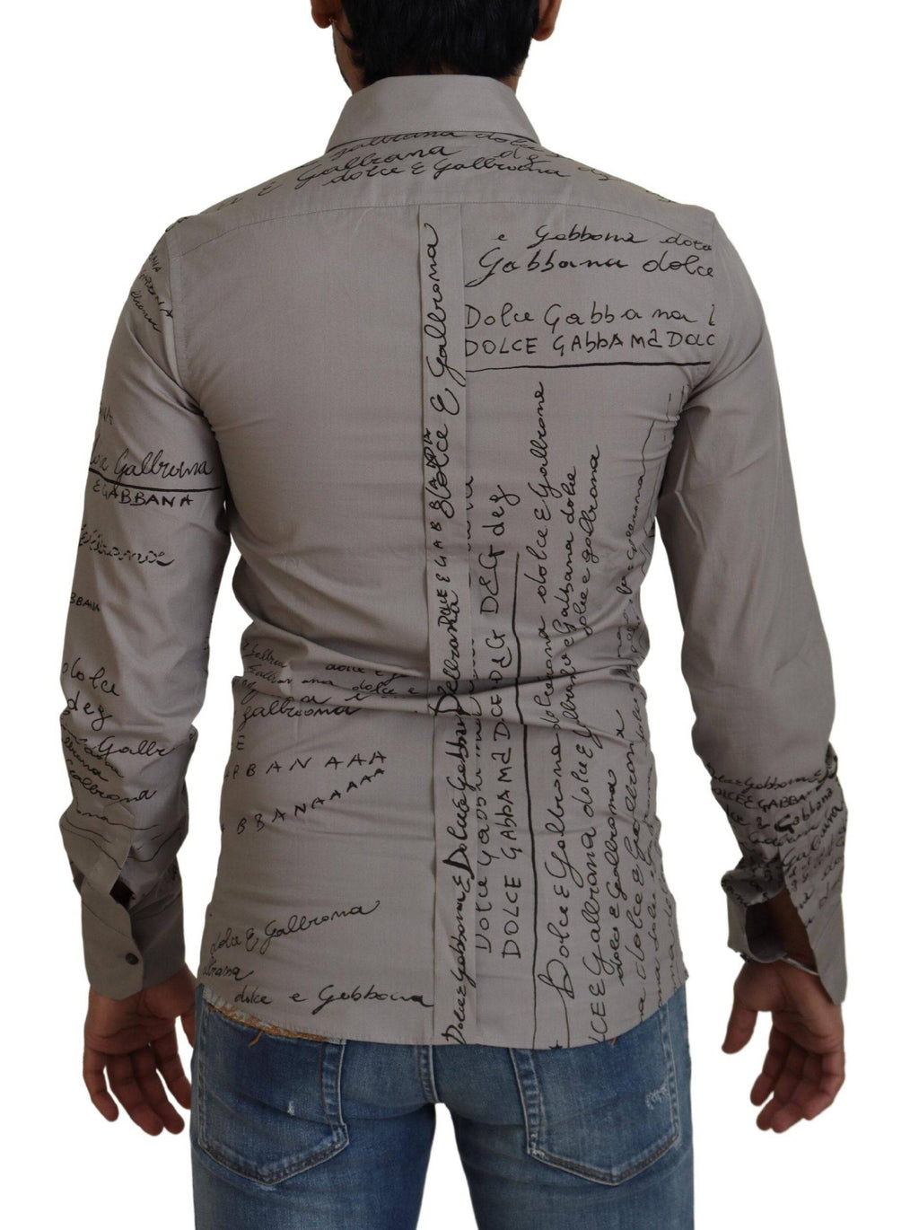 Robe slim en coton gris imprimé de Dolce & Gabbana avec détails dorés, élégante et confortable.