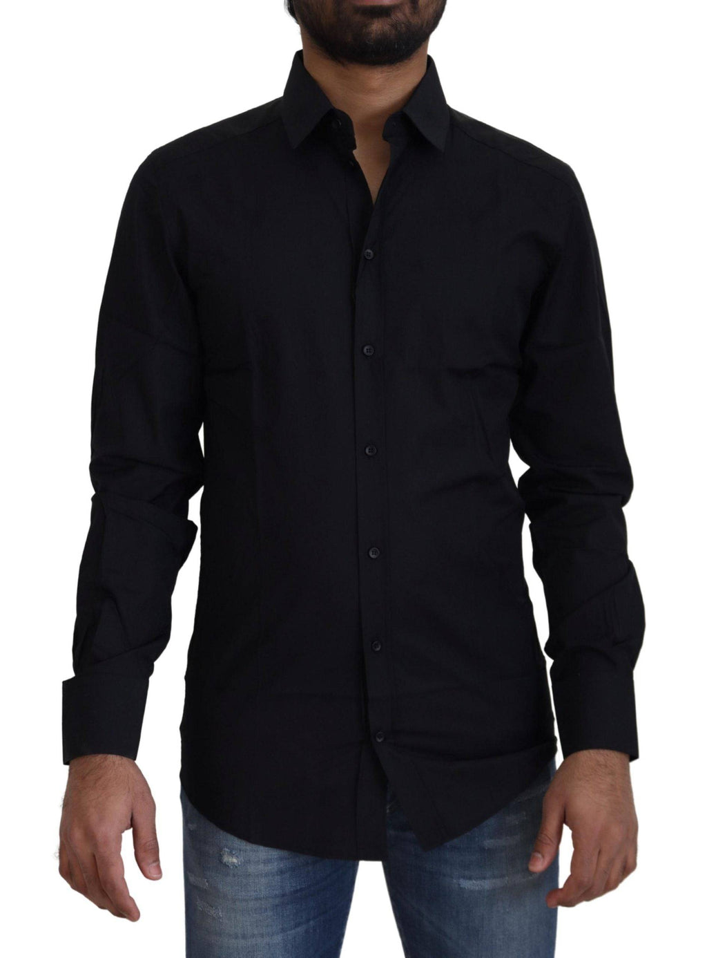 Chemise formelle noire en coton Dolce & Gabbana, coupe slim fit, avec détails dorés visibles sur l'image.