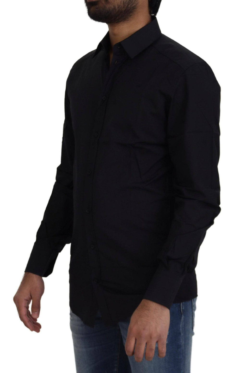 Chemise dorée en coton noir Dolce & Gabbana, costume slim fit formel avec col classique, vue de face.