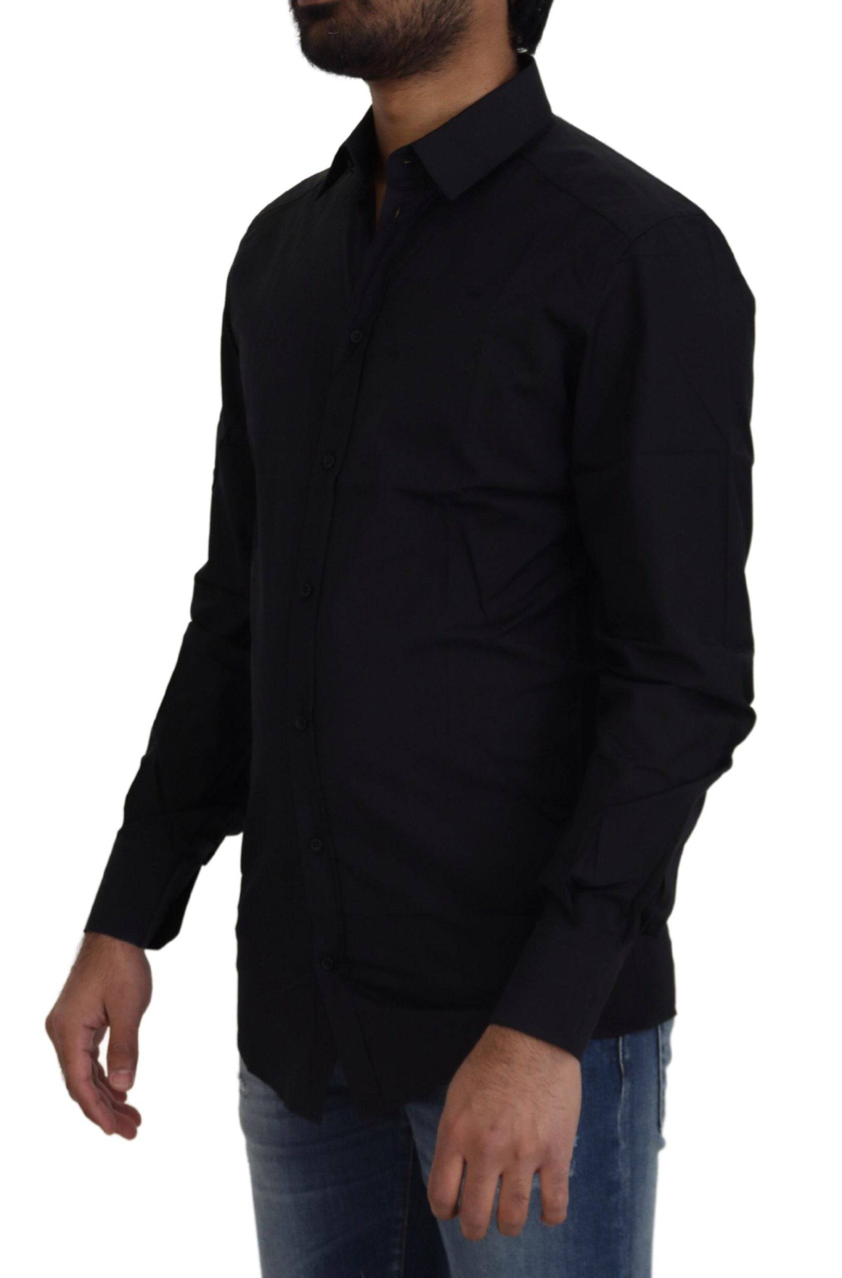 Chemise dorée en coton noir Dolce & Gabbana, costume slim fit formel avec col classique, vue de face.