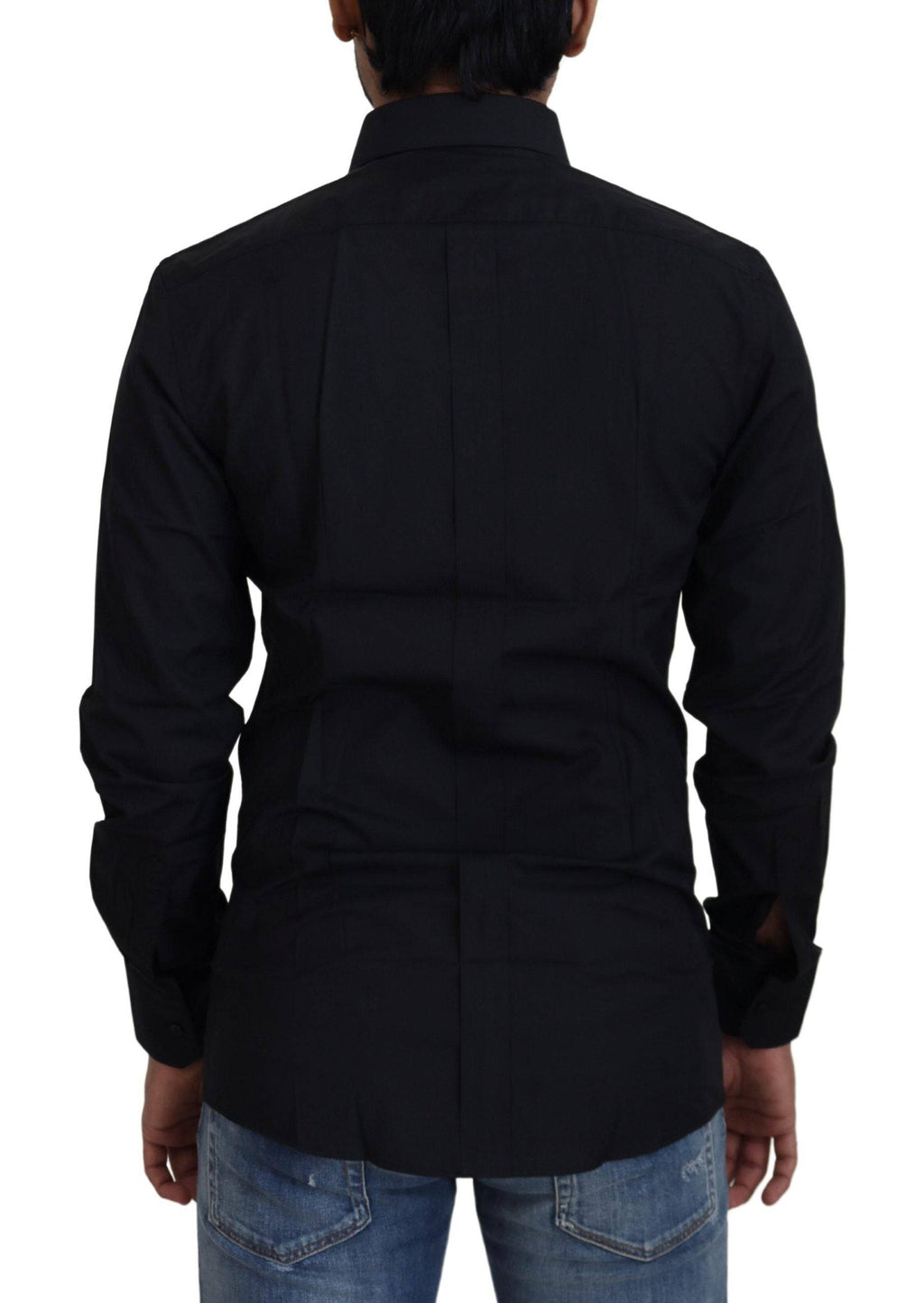 Chemise formelle noire en coton Dolce & Gabbana, coupe slim fit, avec détails dorés visible sur l'image.