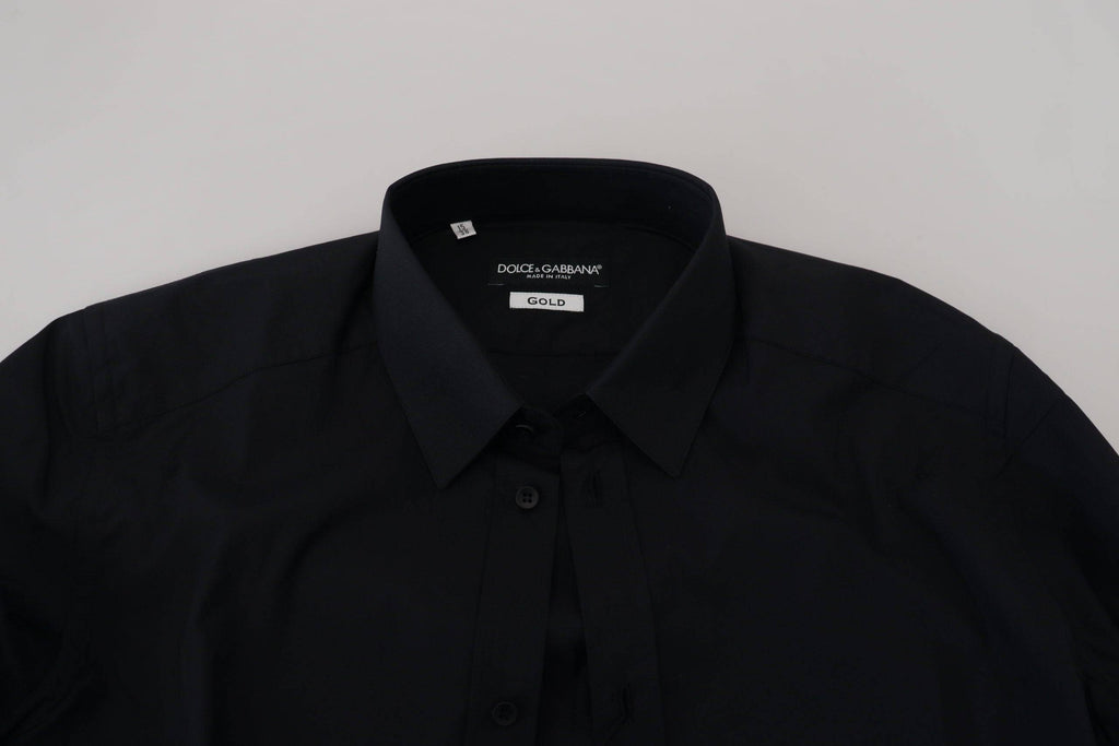 Chemise formelle noire en coton Dolce & Gabbana, coupe slim, avec détails dorés, pour homme élégant et sophistiqué.