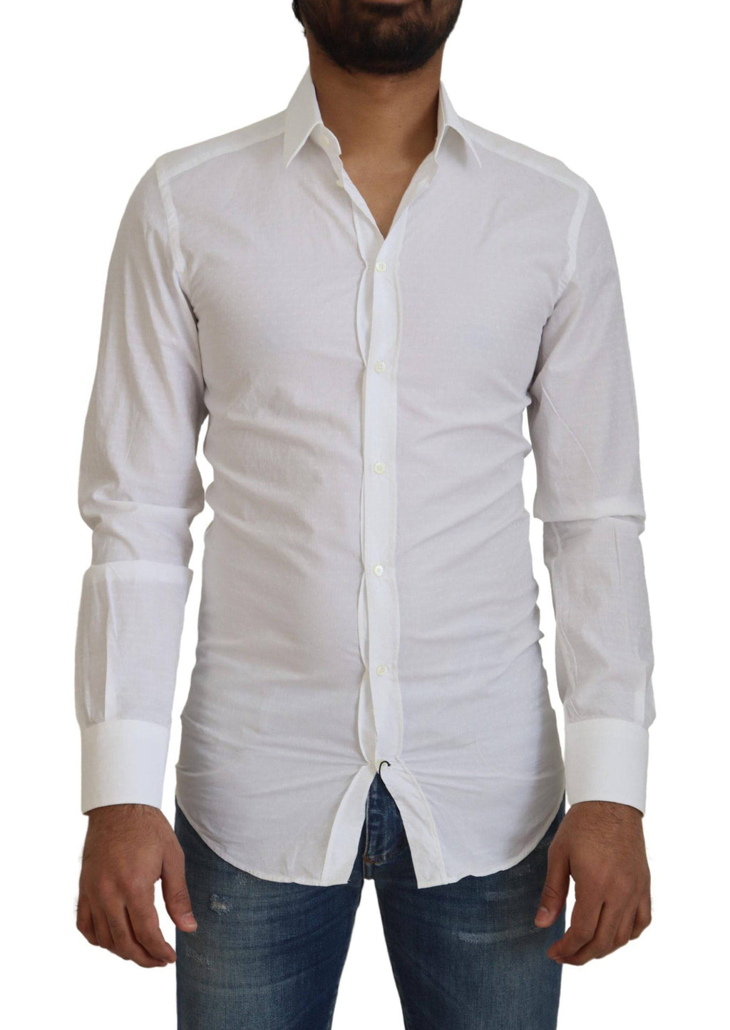 Chemise blanche en coton Dolce & Gabbana, ajustée, élégante, avec détails dorés pour tenue formelle.