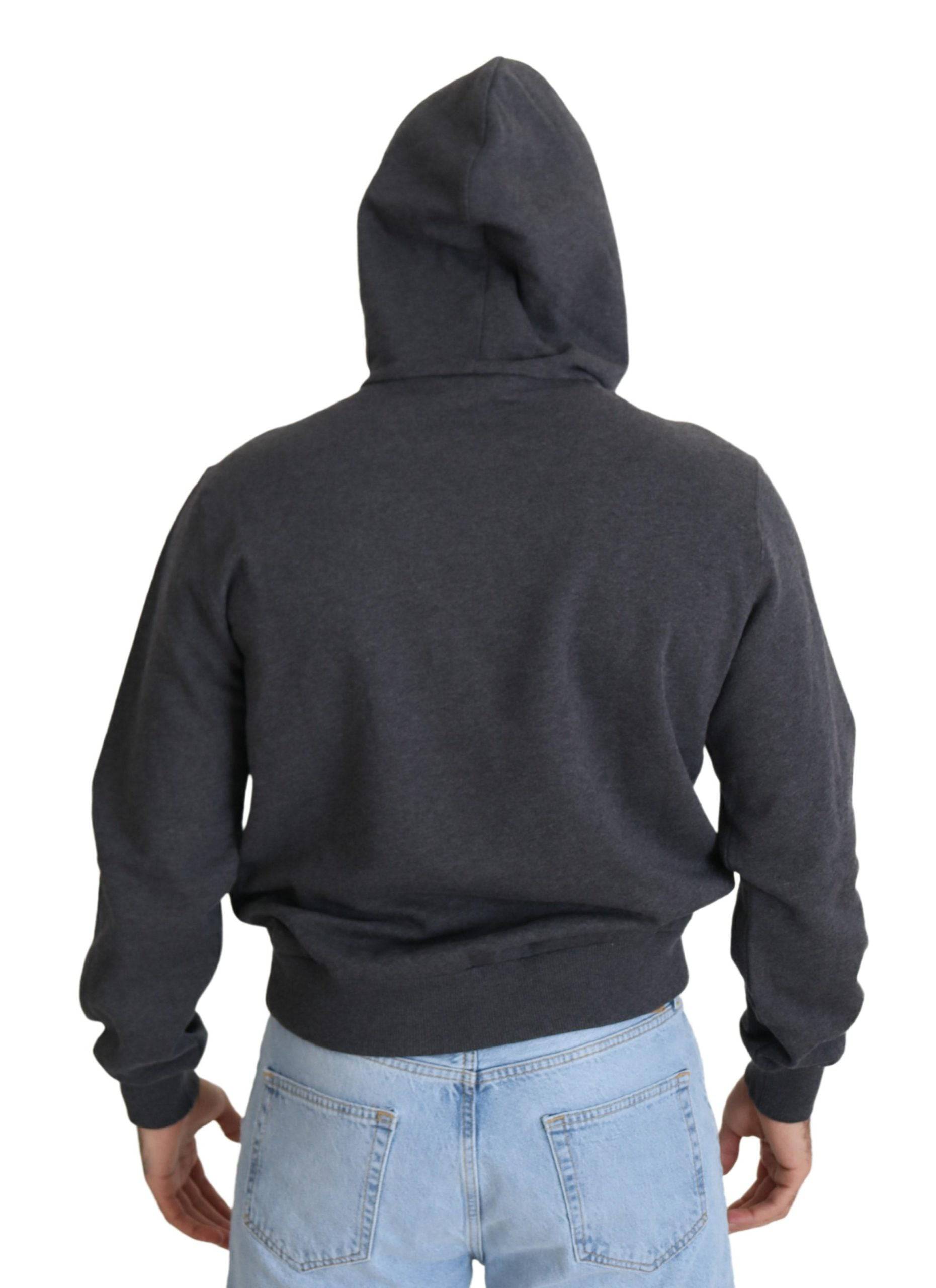 Sweat à capuche en coton gris avec logo Dolce & Gabbana, pull décontracté, vue de face, détail du logo sur la poitrine.