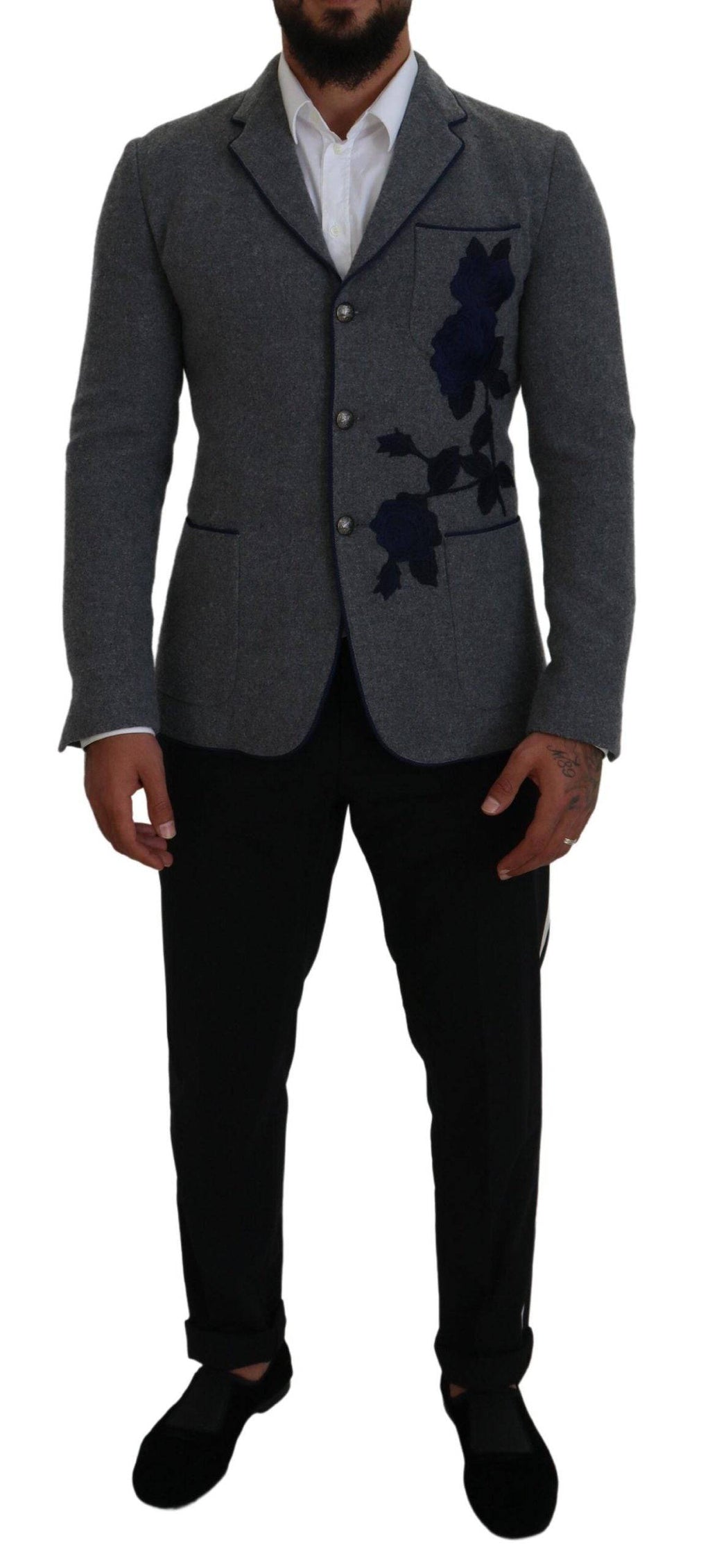 Veste blazer en laine gris clair Dolce & Gabbana avec motifs de roses, coupe slim fit, visible sur l'image.