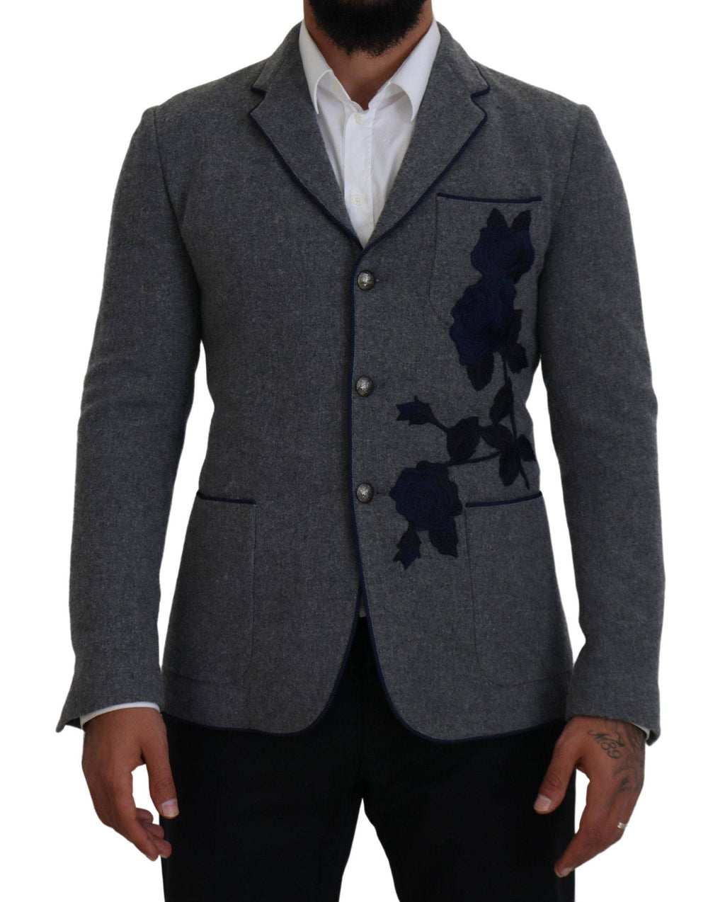Veste blazer en laine grise Dolce & Gabbana avec motif de roses, coupe slim fit, élégante et tendance.