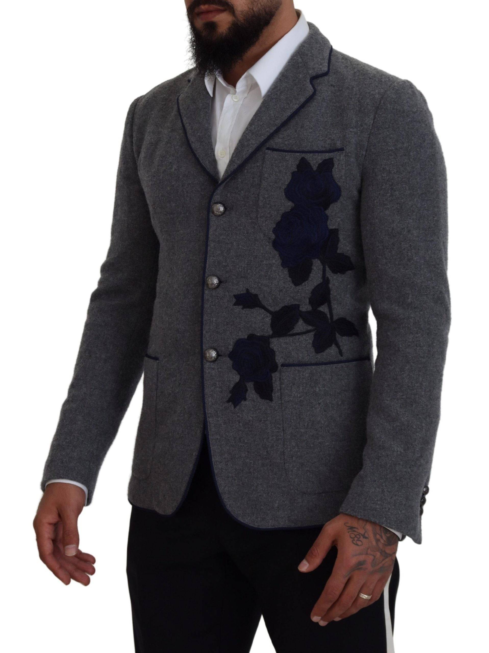 Veste blazer slim fit en laine grise avec motif de roses Dolce & Gabbana, élégante et sophistiquée.