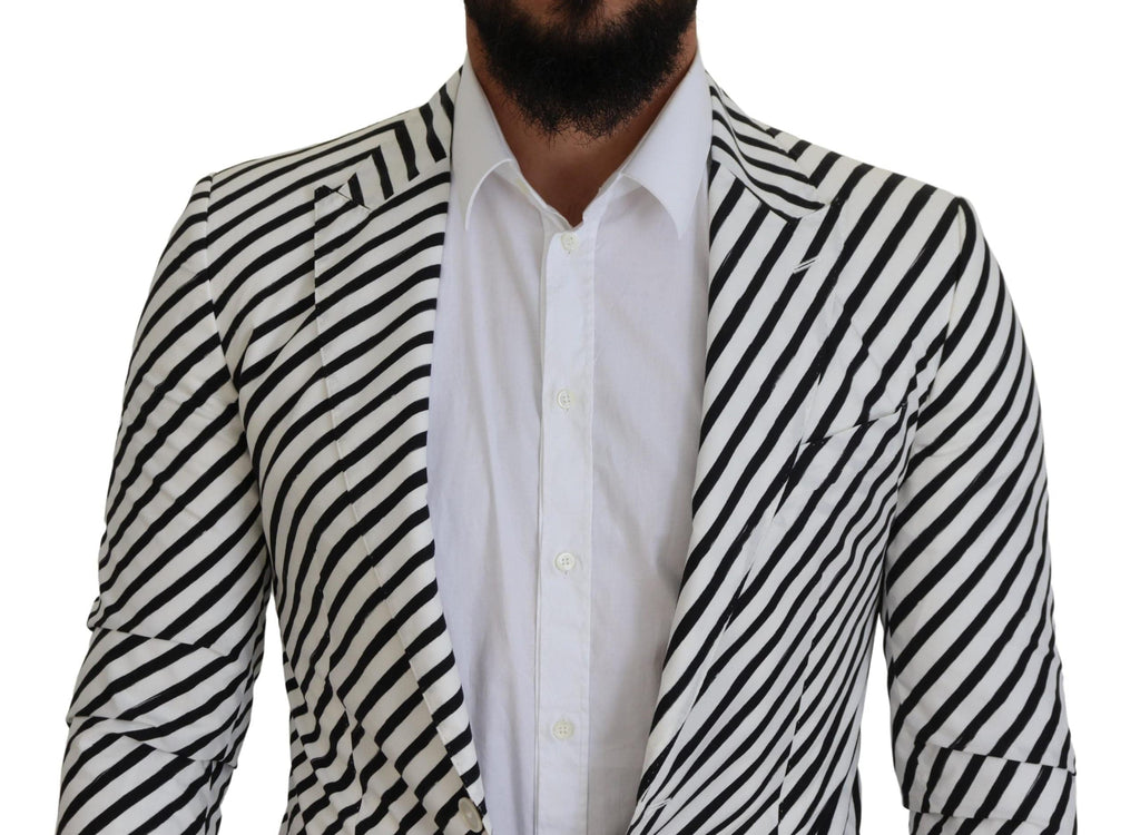 Veste blazer Dolce & Gabbana blanche et noire à rayures, coupe slim fit, élégante et moderne, vue de face.