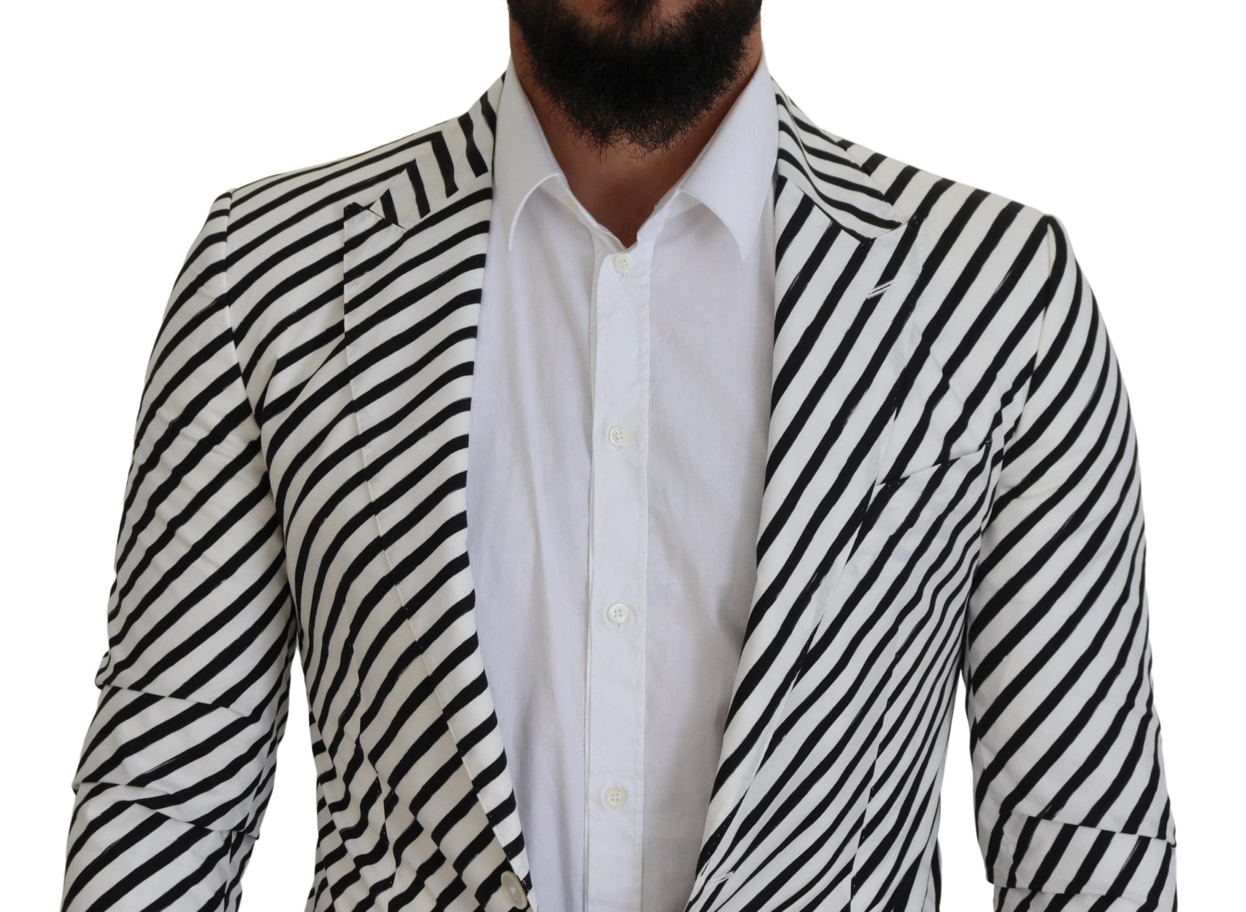 Veste blazer Dolce & Gabbana blanche et noire à rayures, coupe slim fit, élégante et moderne, vue de face.