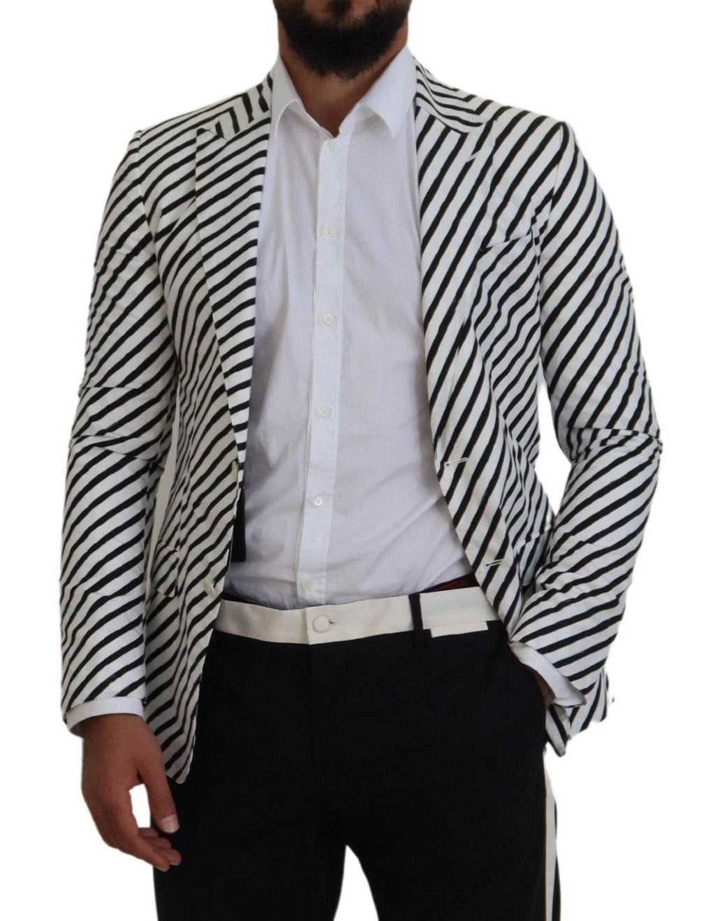 Veste blazer Dolce & Gabbana blanche et noire à rayures, coupe slim fit, élégante pour homme.