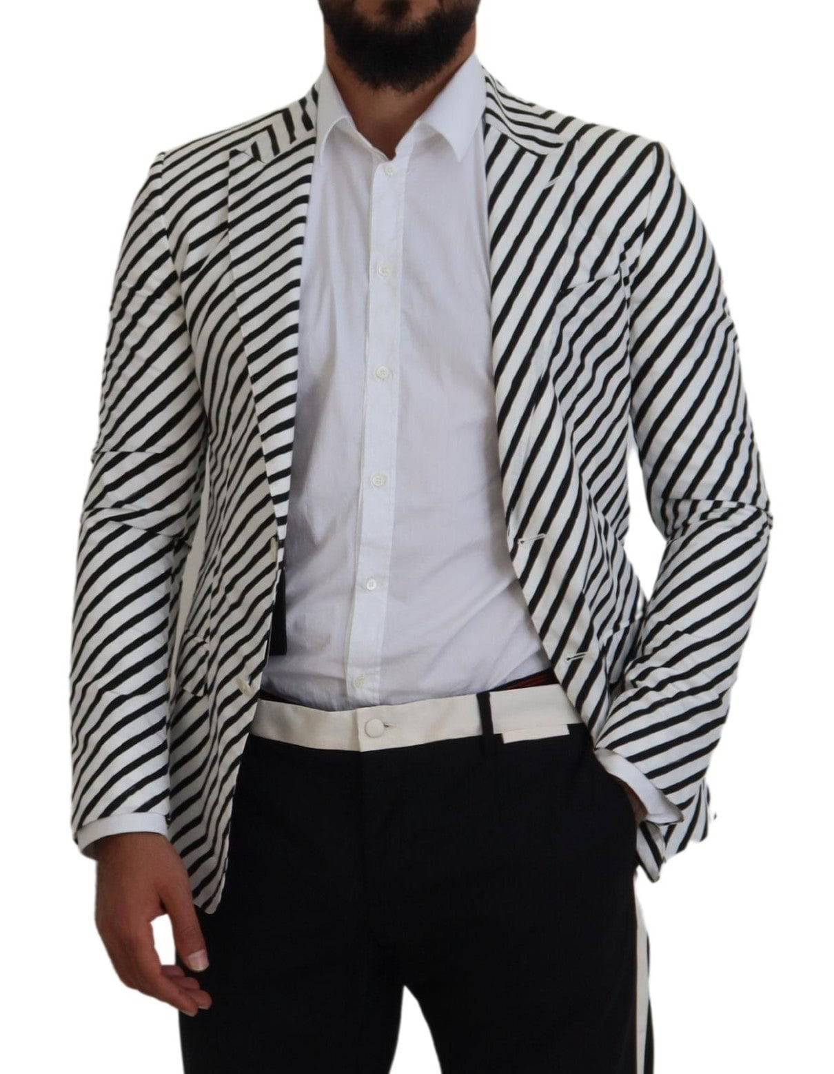 Veste blazer Dolce & Gabbana blanche et noire à rayures, coupe slim fit, élégante pour homme.