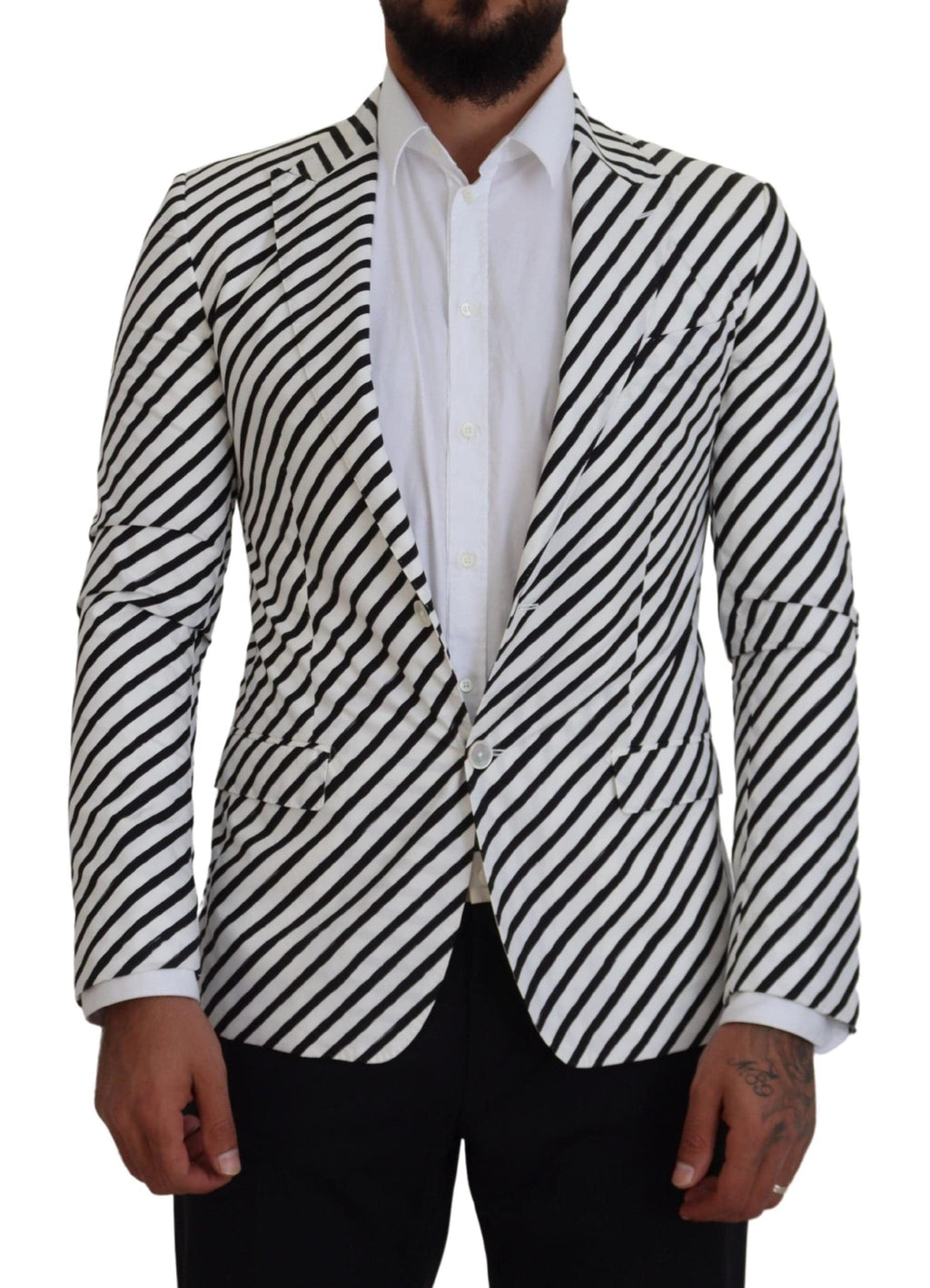 Veste blazer Dolce & Gabbana à rayures blanches et noires, coupe slim fit, vue de face sur mannequin.