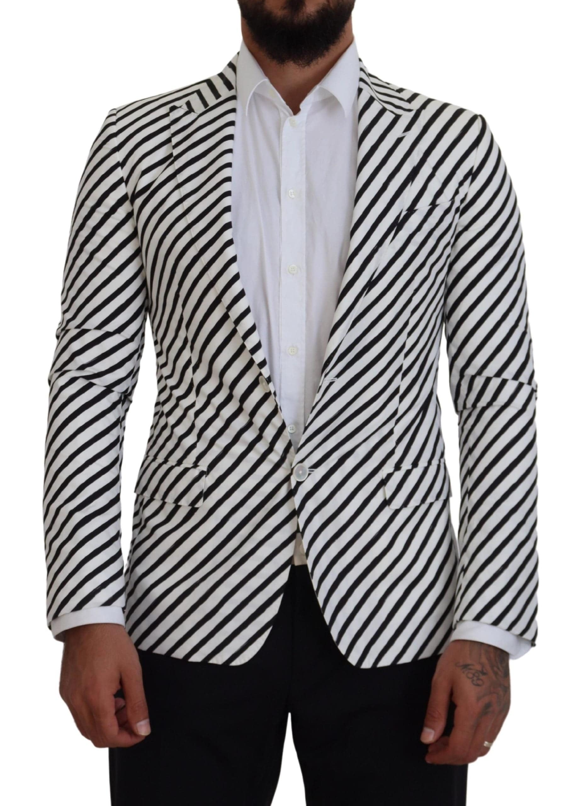 Veste blazer Dolce & Gabbana à rayures blanches et noires, coupe slim fit, vue de face sur mannequin.