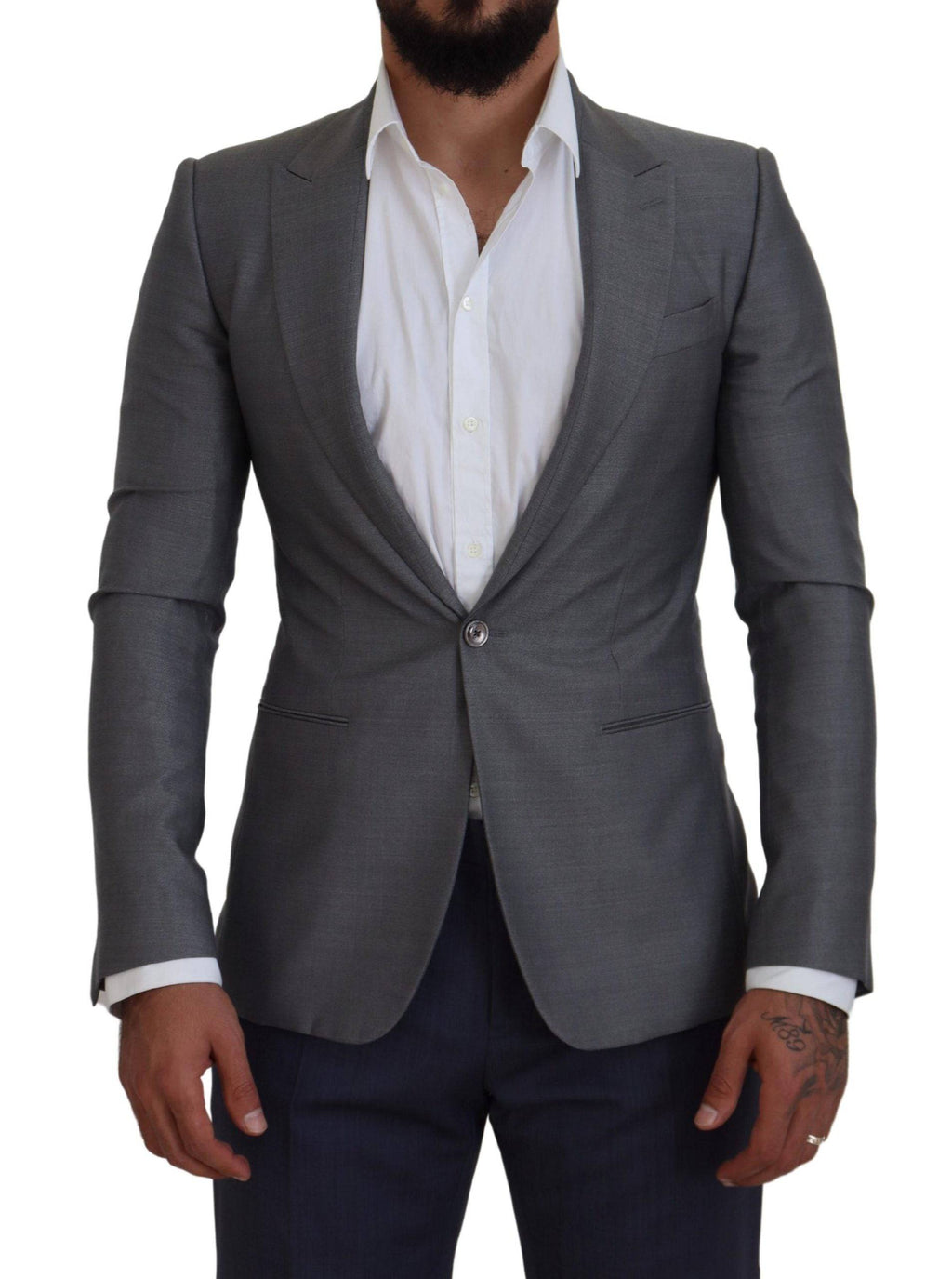Veste blazer slim en laine et soie gris Dolce & Gabbana, coupe ajustée, détail élégant et matières luxueuses.
