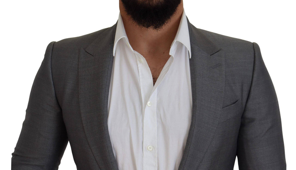 Veste blazer en laine et soie gris Dolce & Gabbana, coupe slim, vue front sur un mannequin.