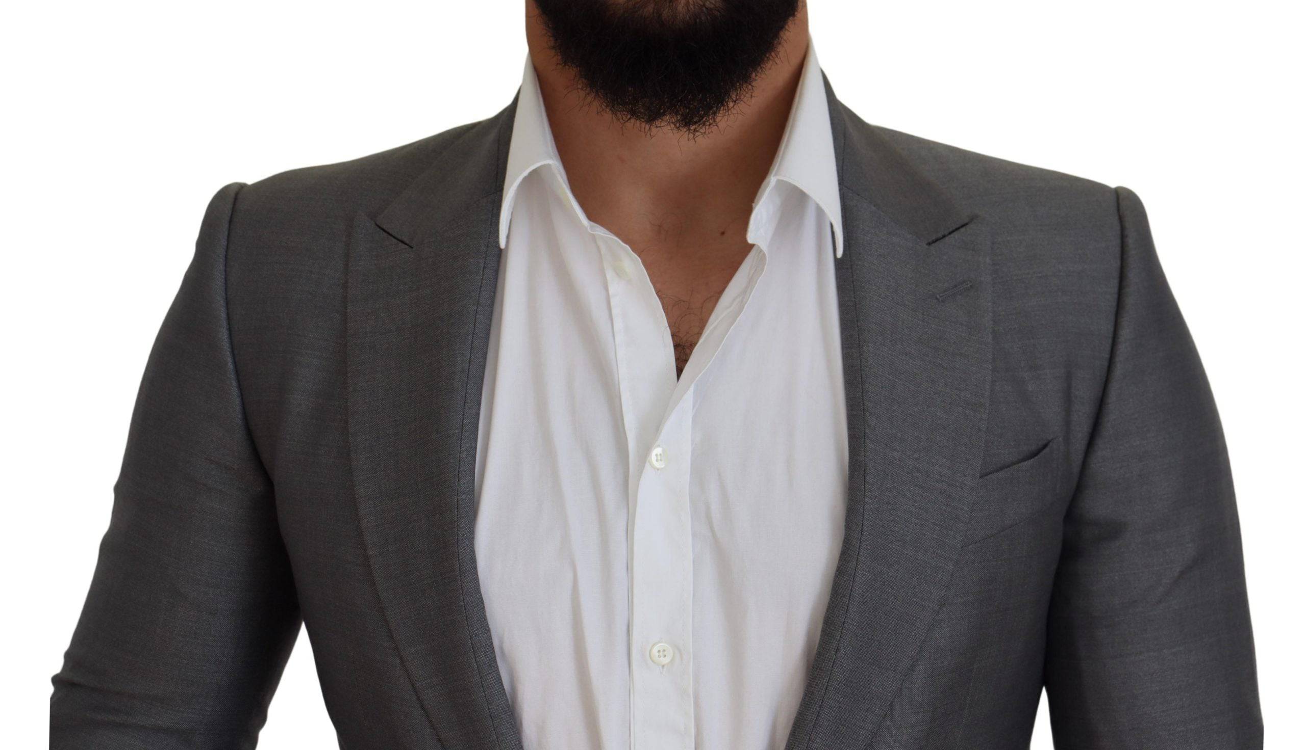 Veste blazer en laine et soie gris Dolce & Gabbana, coupe slim, vue front sur un mannequin.