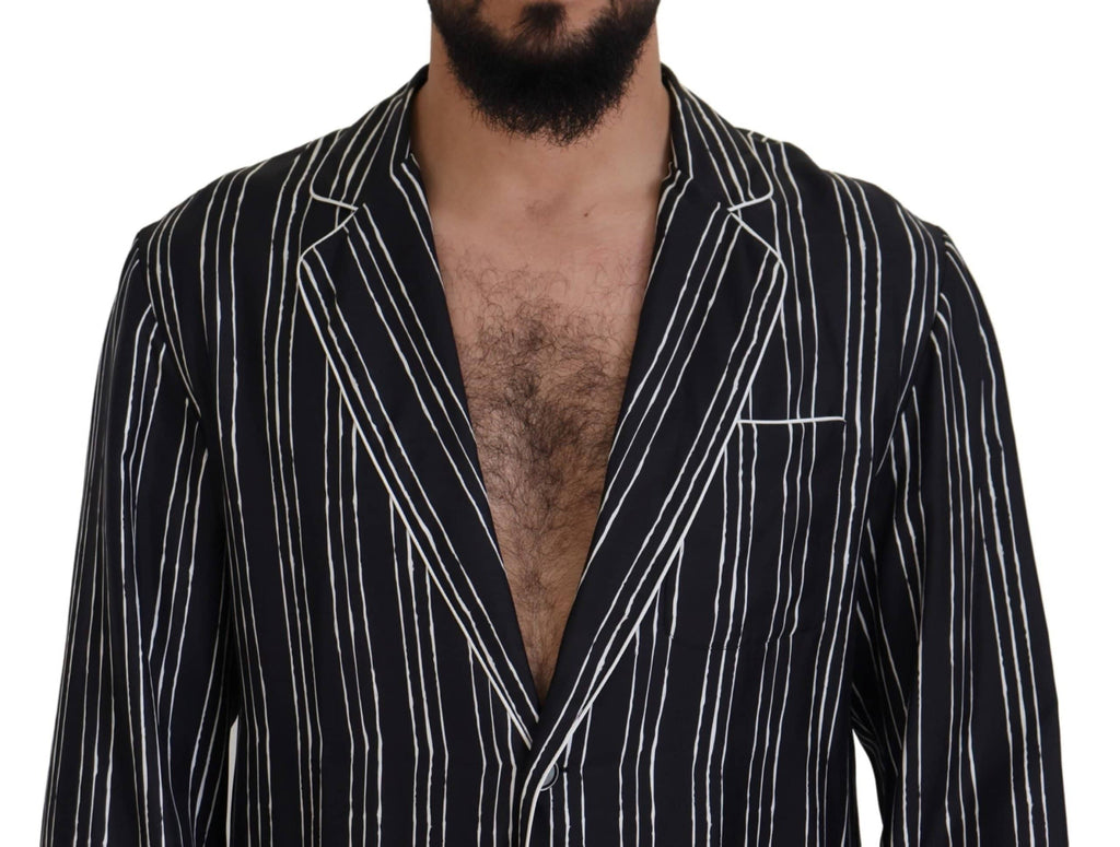 Chemise de pyjama Dolce & Gabbana en soie bleue à rayures, veste confortable et élégante pour homme.