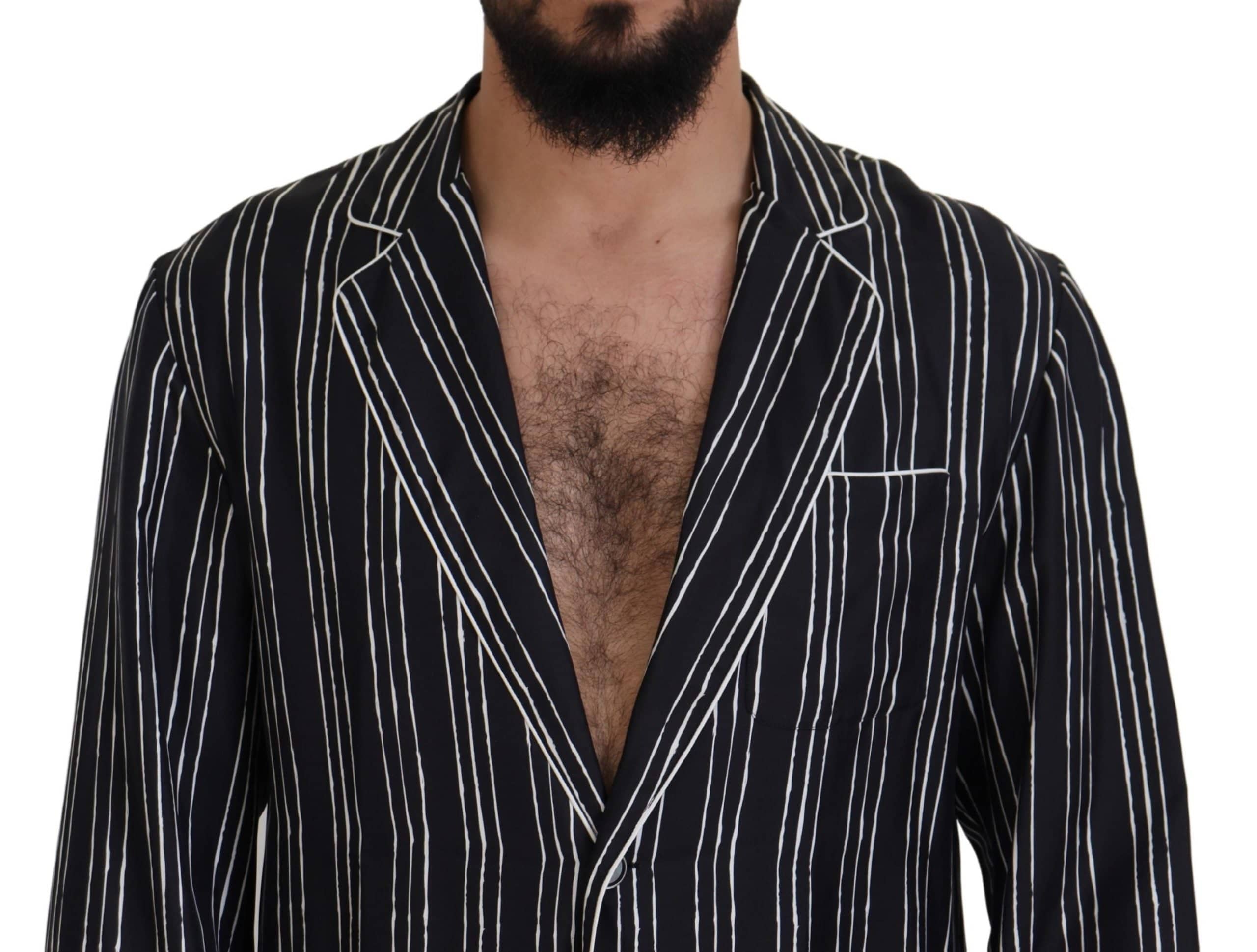 Chemise de pyjama Dolce & Gabbana en soie bleue à rayures, veste confortable et élégante pour homme.