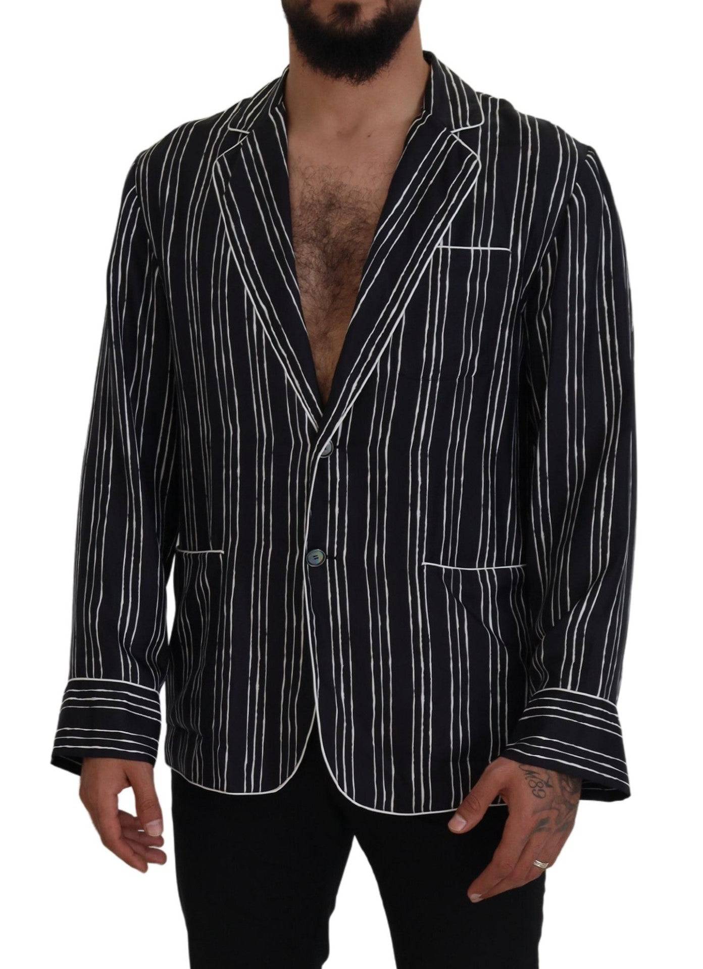 Chemise de pyjama en soie à rayures bleues Dolce & Gabbana, veste confortable et élégante pour homme.