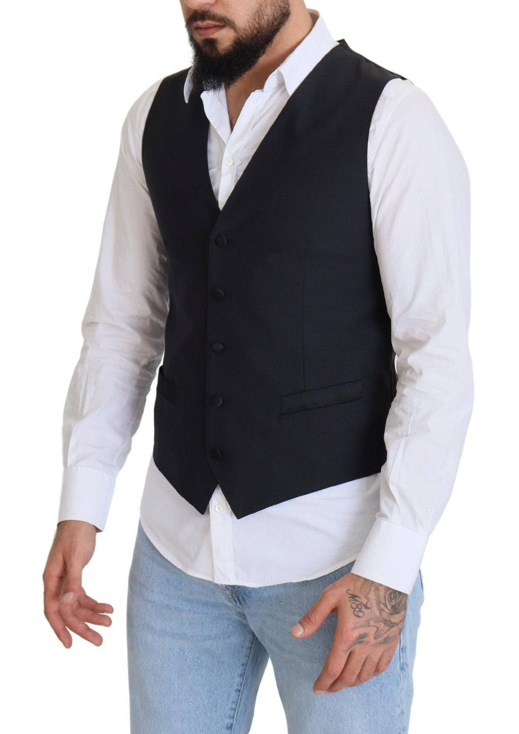 Gilet formel en laine stretch noir de Dolce & Gabbana, ajusté à la taille, pour homme élégant et sophistiqué.