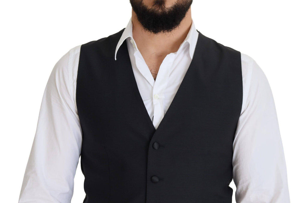 Gilet formel en laine noire Dolce & Gabbana à taille stretch, veste élégante pour homme, détail classique et sophistiqué.