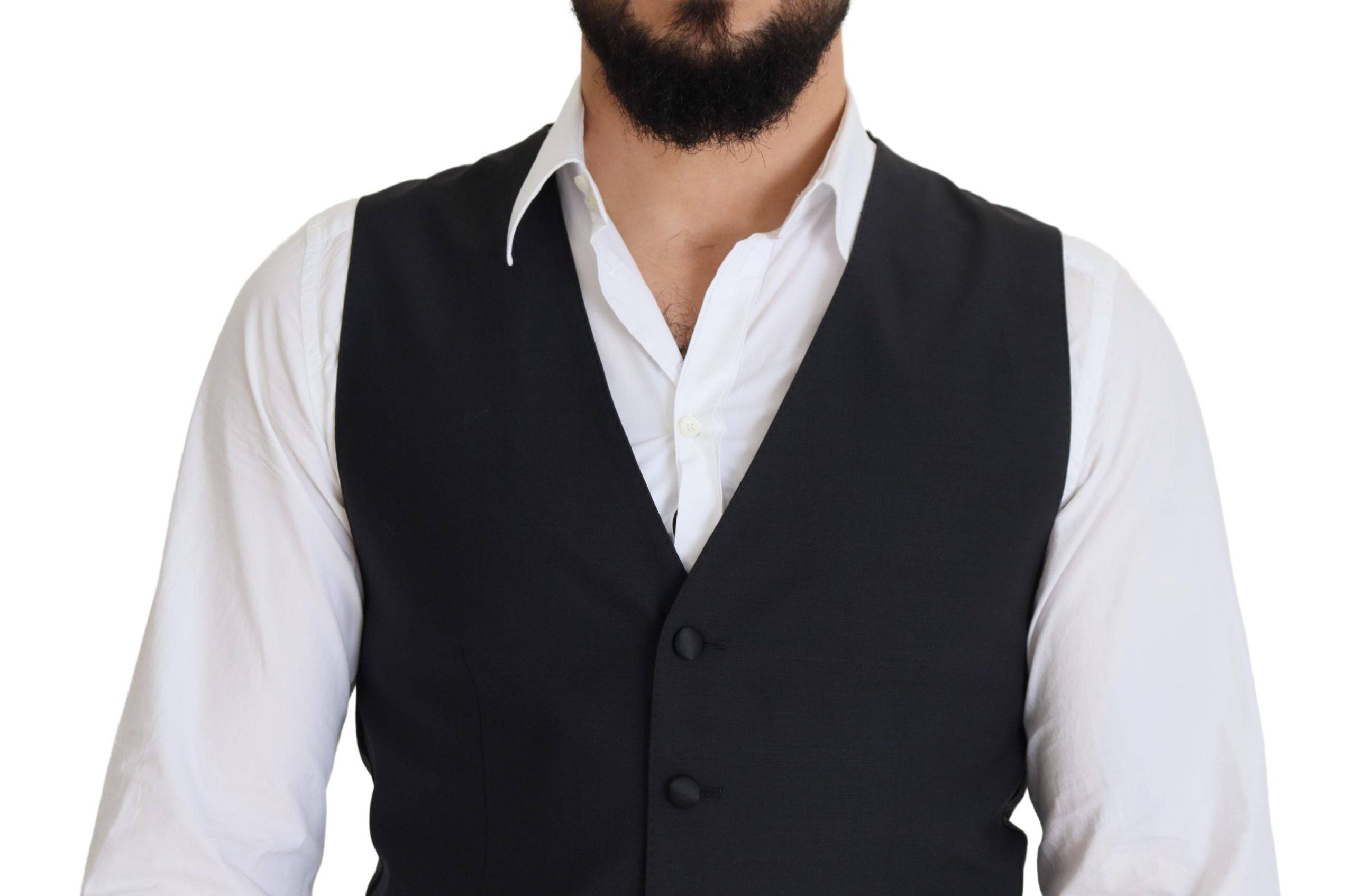 Gilet formel en laine noire Dolce & Gabbana à taille stretch, veste élégante pour homme, détail classique et sophistiqué.