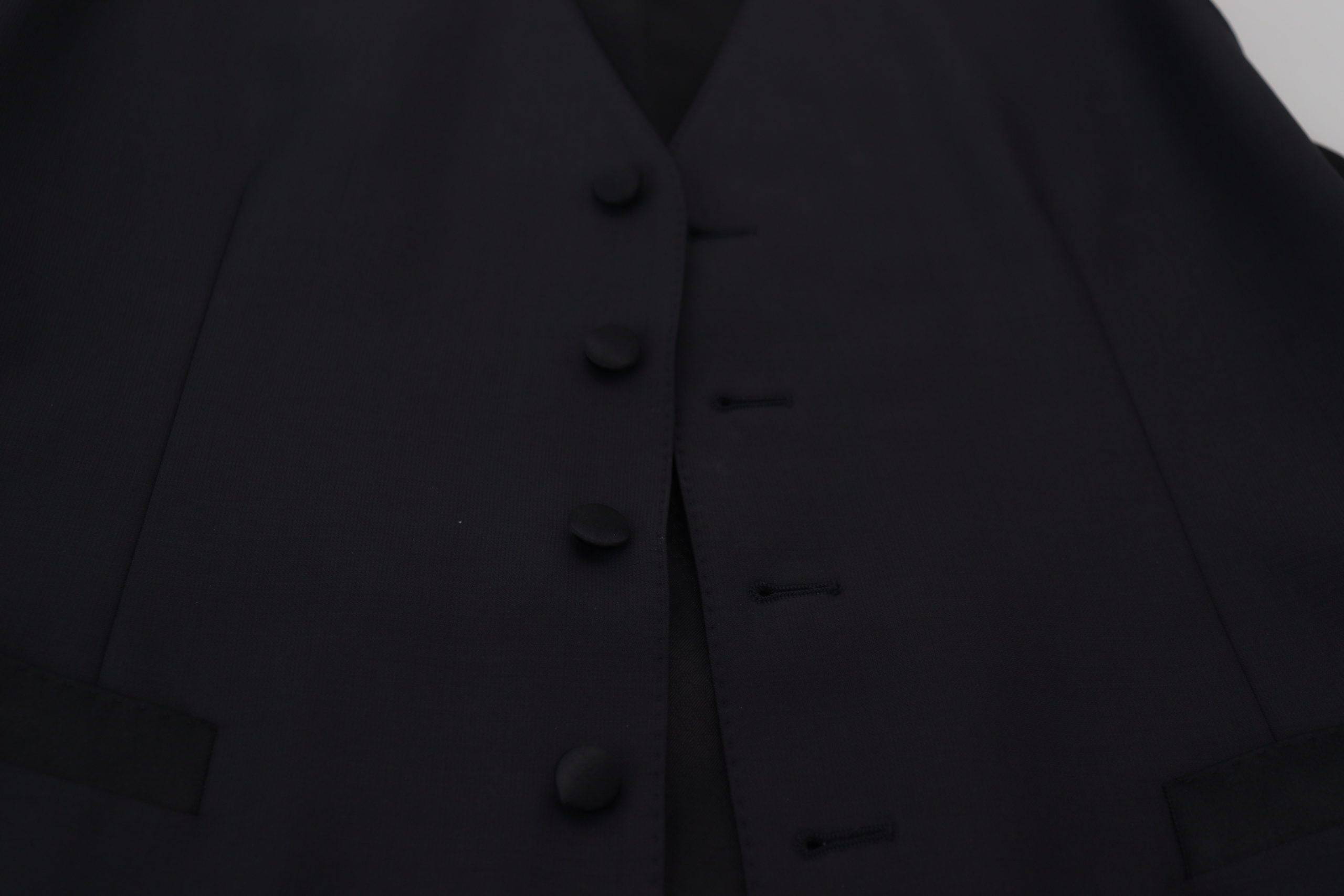 Gilet formel en laine noire Dolce & Gabbana, ajusté à la taille, pour homme élégant et sophistiqué.