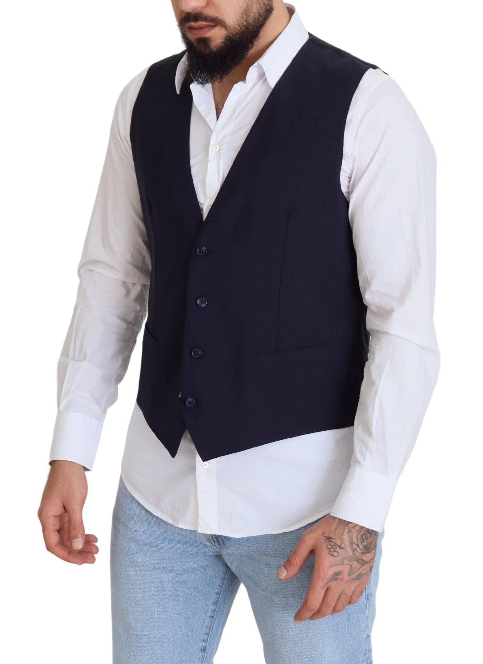 Gilet formel en laine extensible bleu foncé de Dolce & Gabbana, ajusté à la taille, pour homme élégant et sophistiqué.