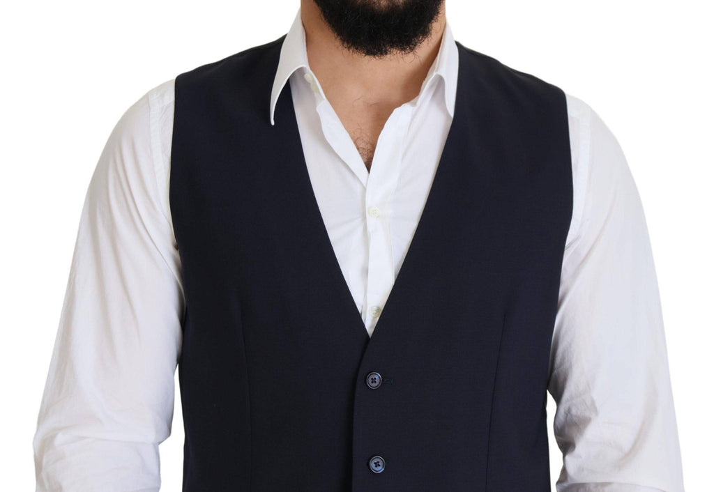 Gilet formel en laine bleu foncé avec ceinture stretch de Dolce & Gabbana, élégant et ajusté, pour homme.
