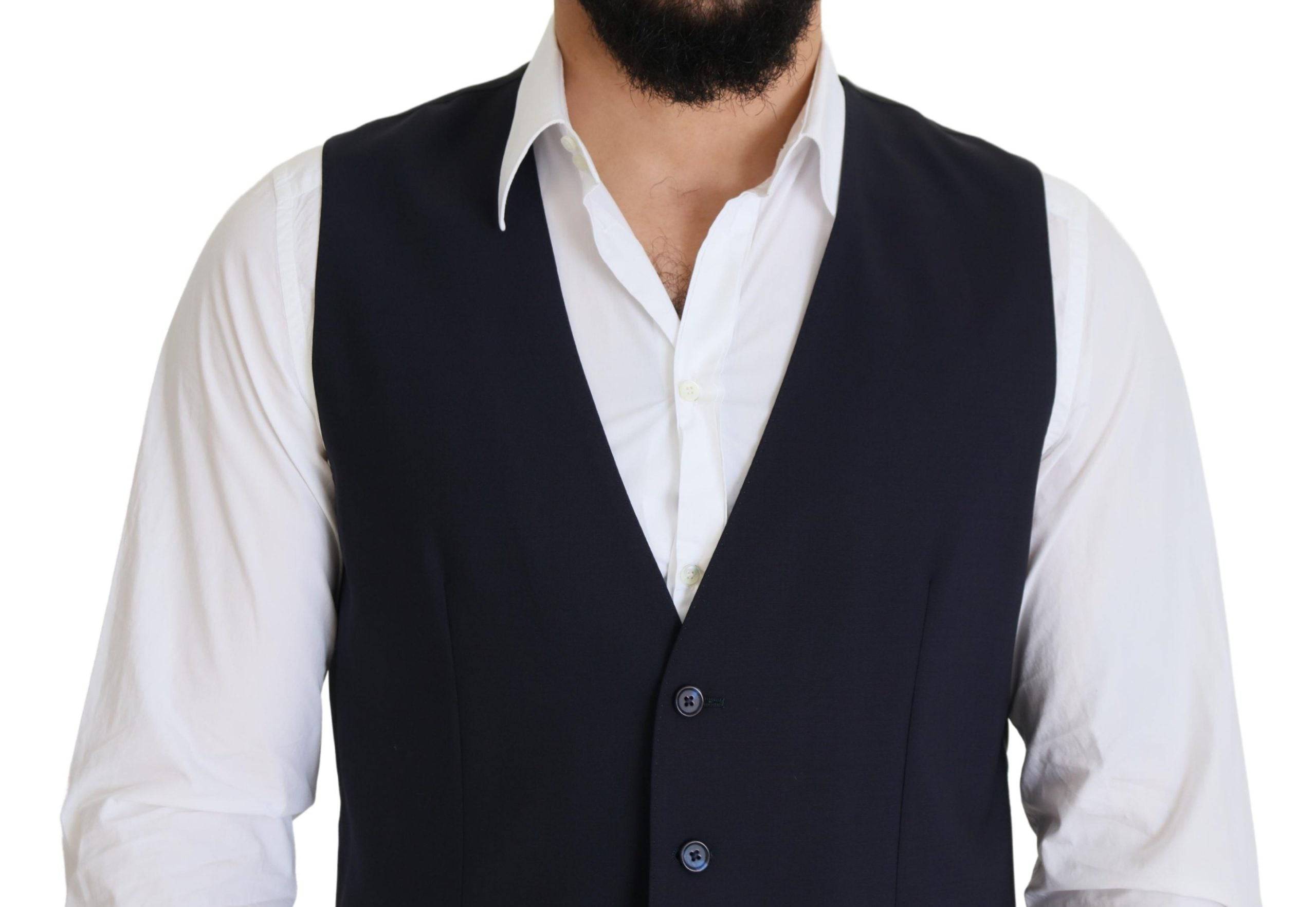 Gilet formel en laine bleu foncé avec ceinture stretch de Dolce & Gabbana, élégant et ajusté, pour homme.