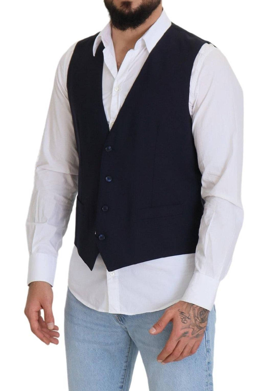 Gilet formel en laine extensible bleu foncé de Dolce & Gabbana, ajusté et élégant, pour homme.